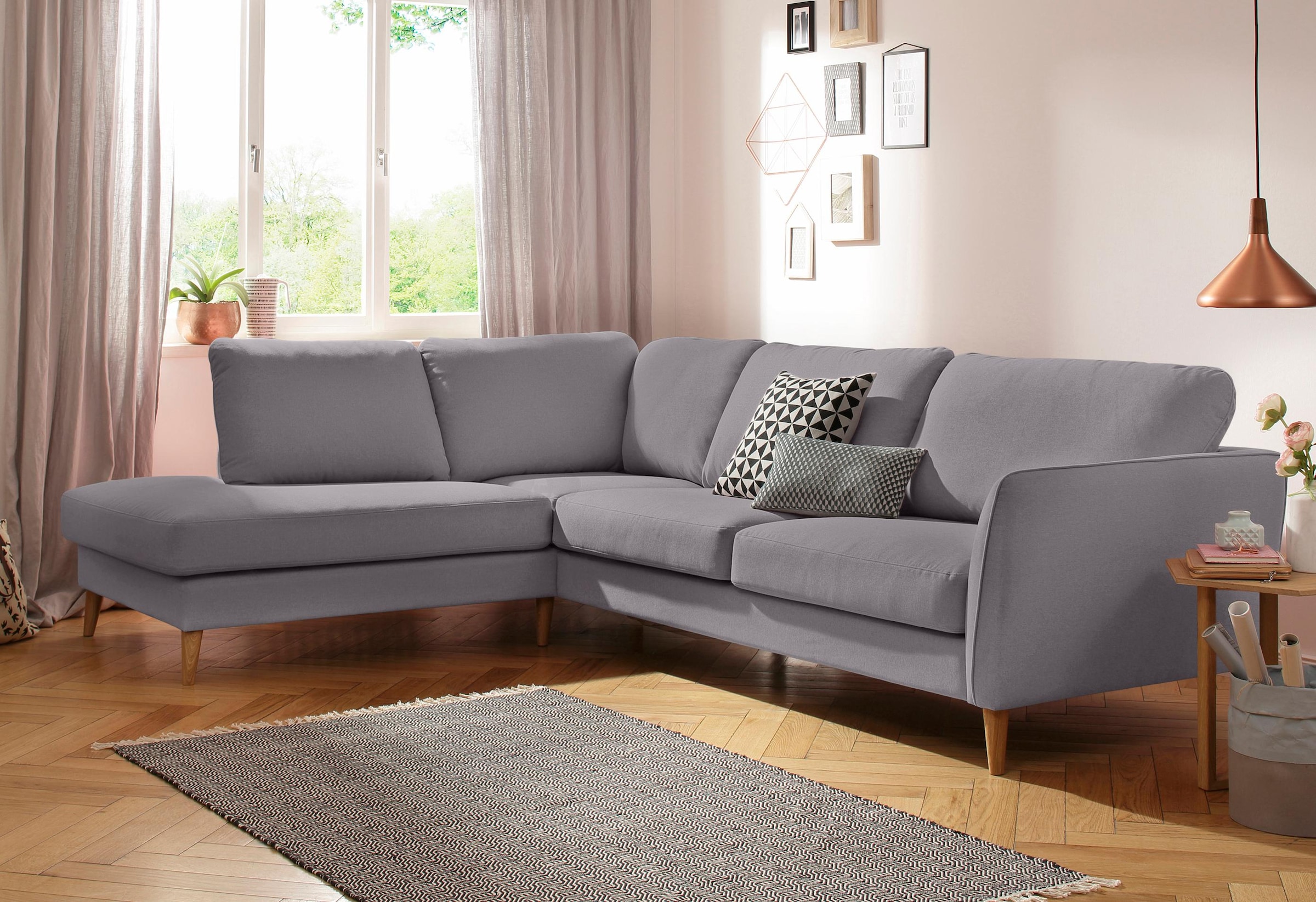 Home affaire Ecksofa »MARSEILLE 278/202 cm, L-Form, Ottom. rechts/links, verschiedene Bezüge«, Massivholzbeine Eiche, Landhausstil, Wellenunterfederung
