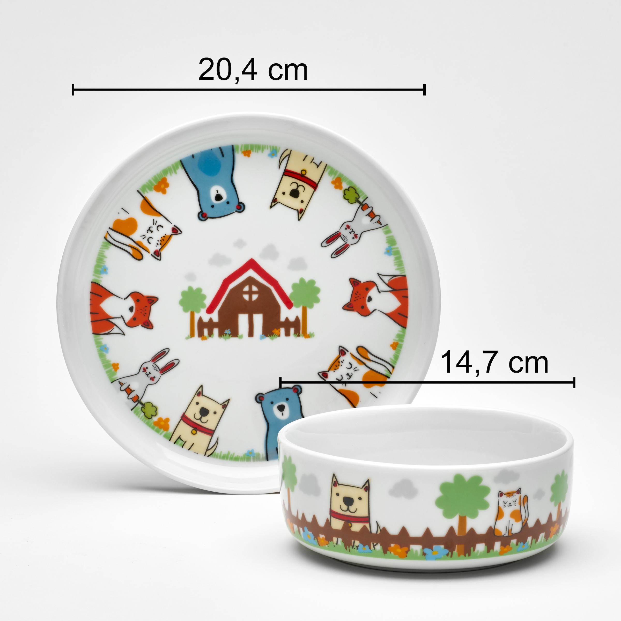 van Well Kindergeschirr-Set »Kinderset Fuchs und Freunde, 3-teilig, Geschirr-Set, Service«, (Set, 3 tlg.), mit farbenfrohem Dekor, spülmaschinen- und mikrowellengeeignet