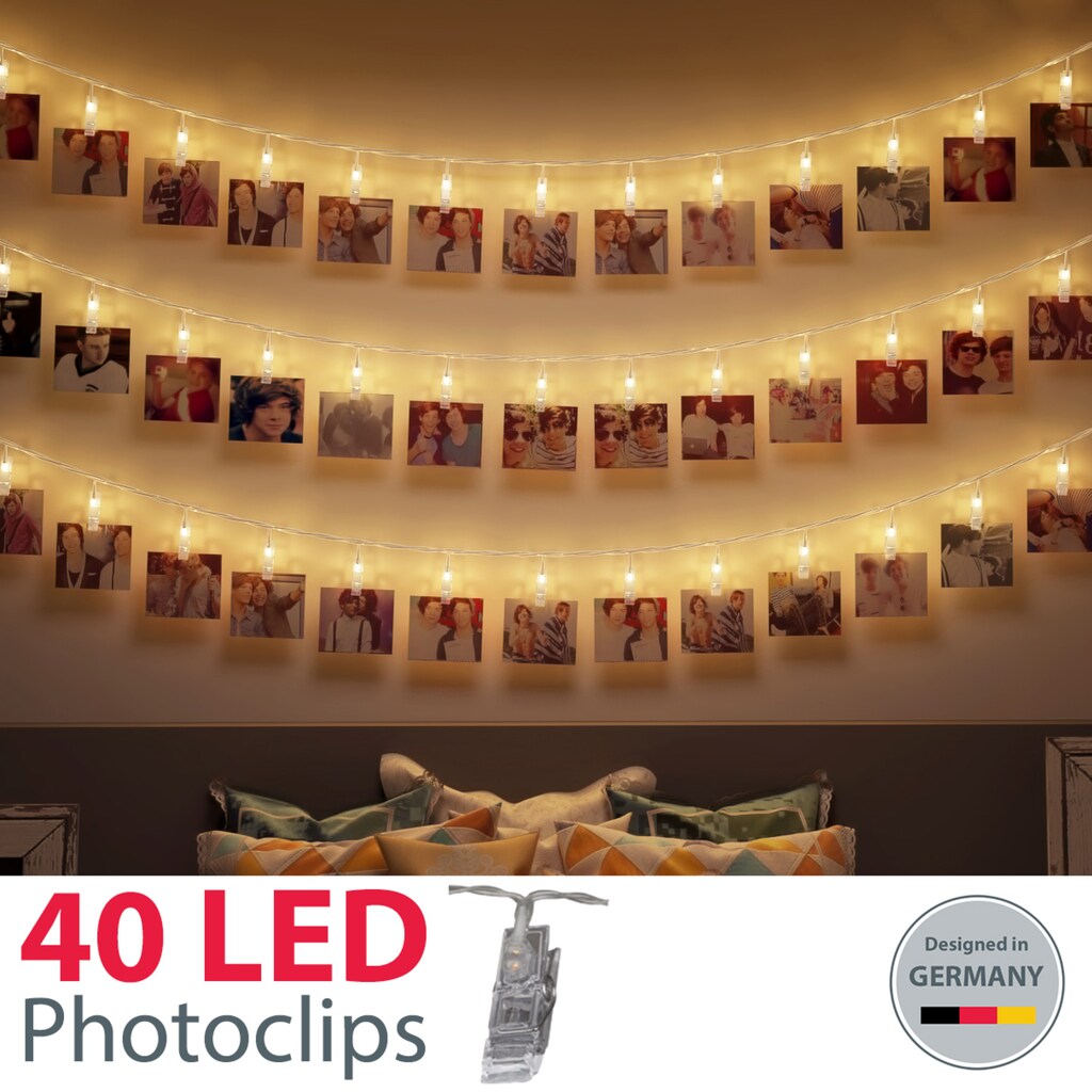 B.K.Licht LED Lichtleiste , transparent, 40 x LED Photoclips, 4,98 Meter, 2,4 Watt, 120 Lumen, 2.700 Kelvin, batteriebetrieben