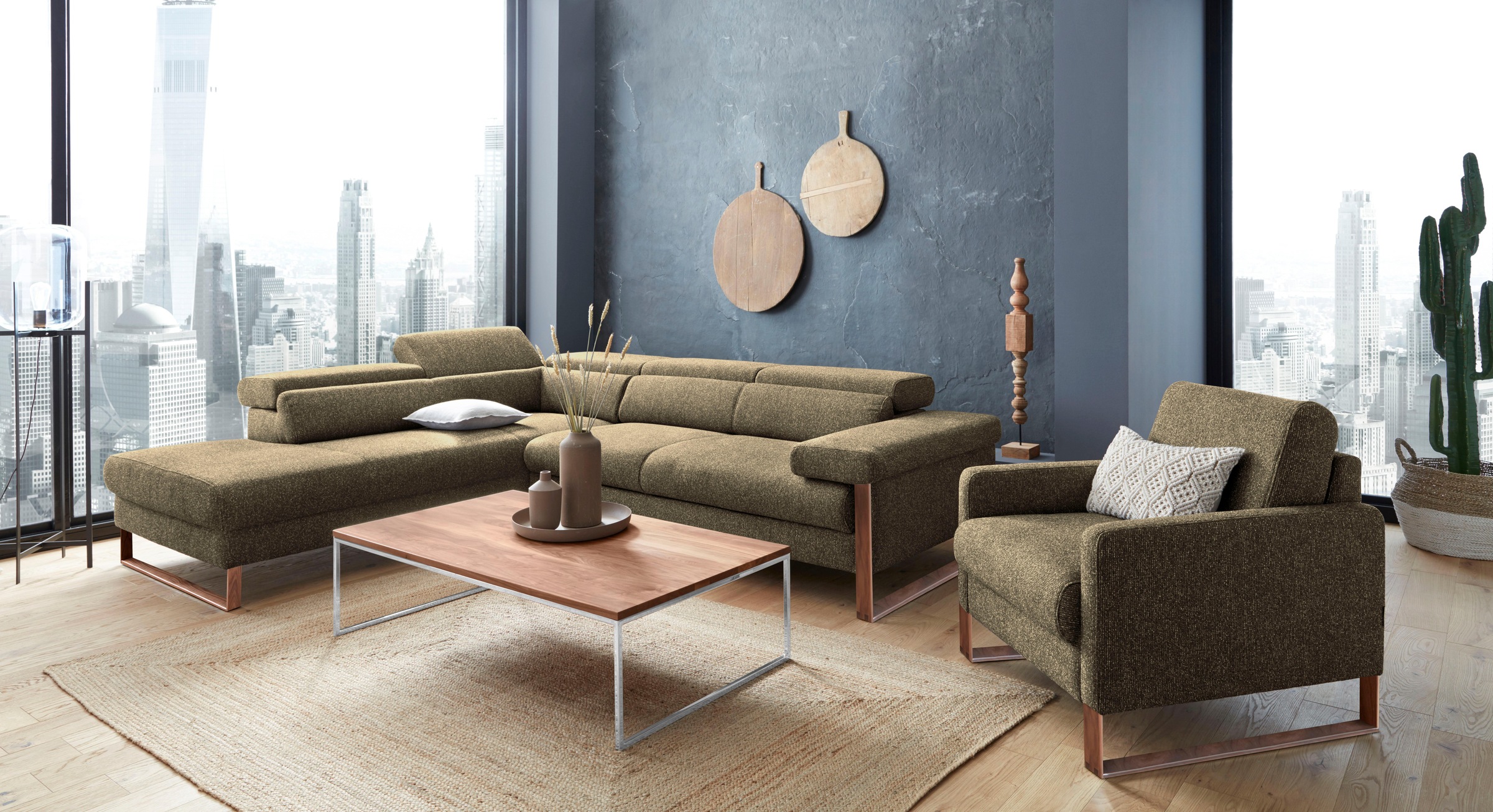 W.SCHILLIG Ecksofa »finn, Designsofa mit tollem Sitzkomfort, bequem, L-Form«, German Design Award 2016, Fußgestell Nussbaum natur, Breite 281 cm