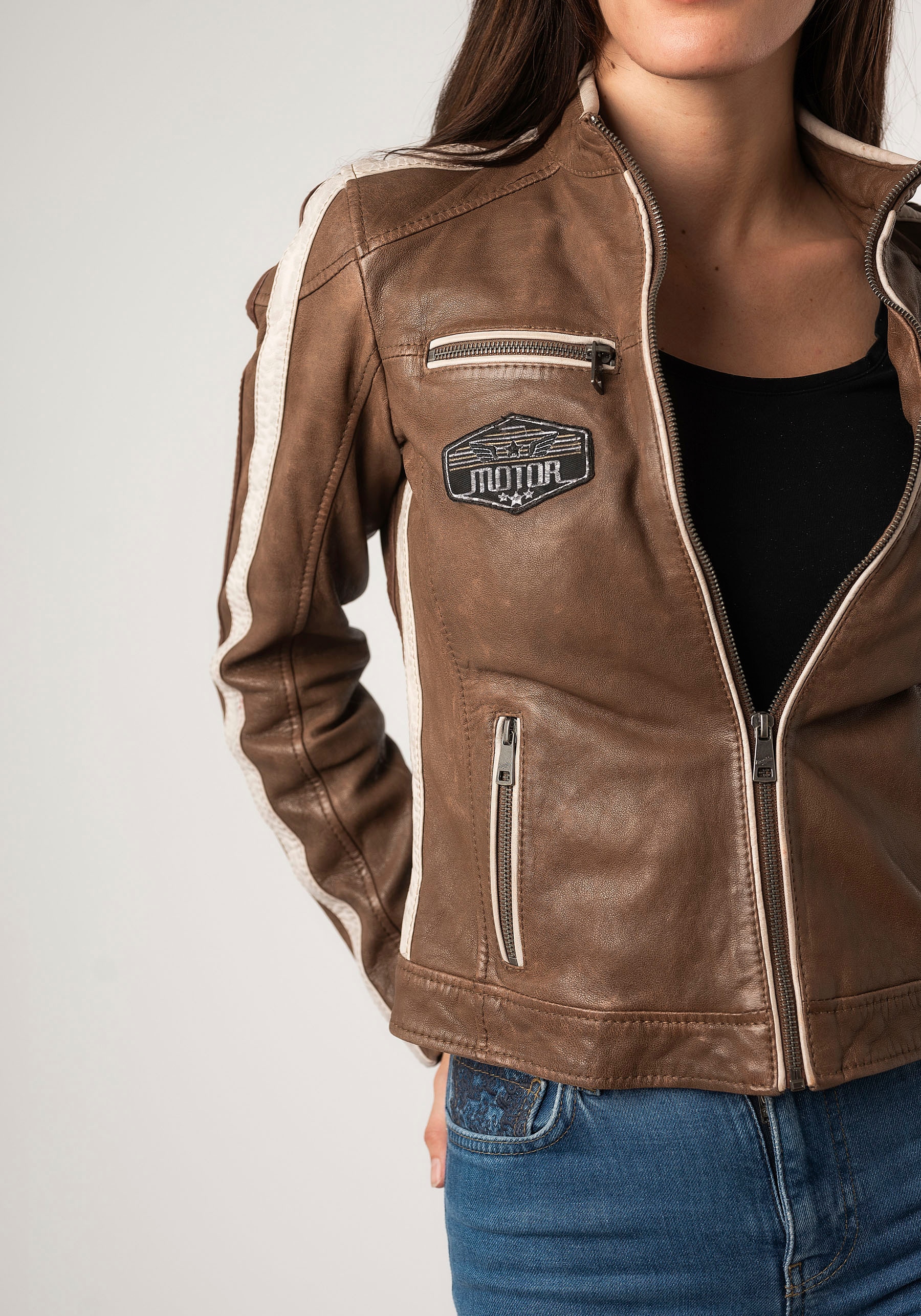 Mauritius Lederjacke »MWHighwalie«, im Racer-Look, mit Patch