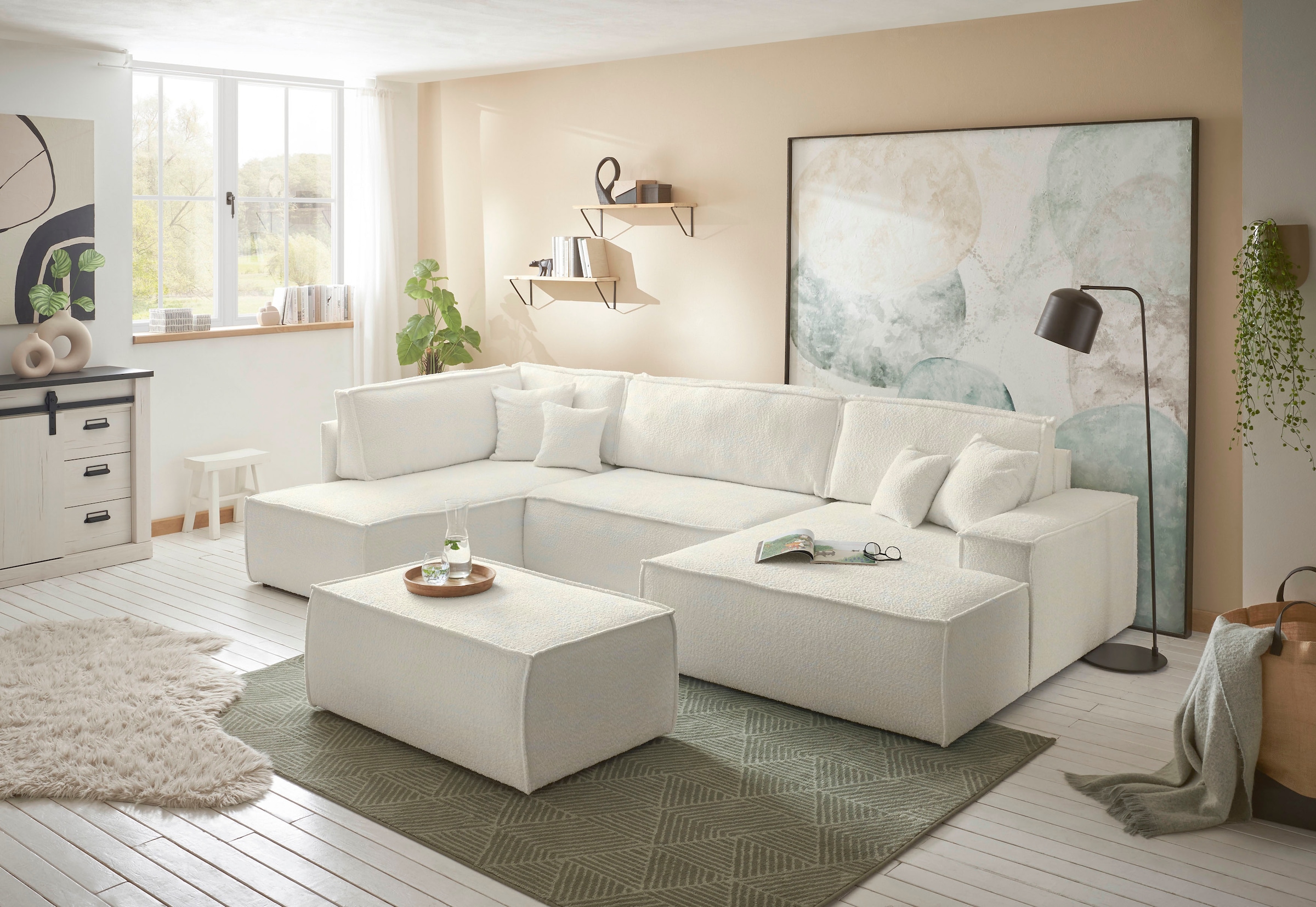 andas Wohnlandschaft »FINNLEY U-Form XXL 329 cm, Schlafsofa, Schlaffunktion m. Bettkasten«, (194/139 cm), Bouclé, Struktur und Cord