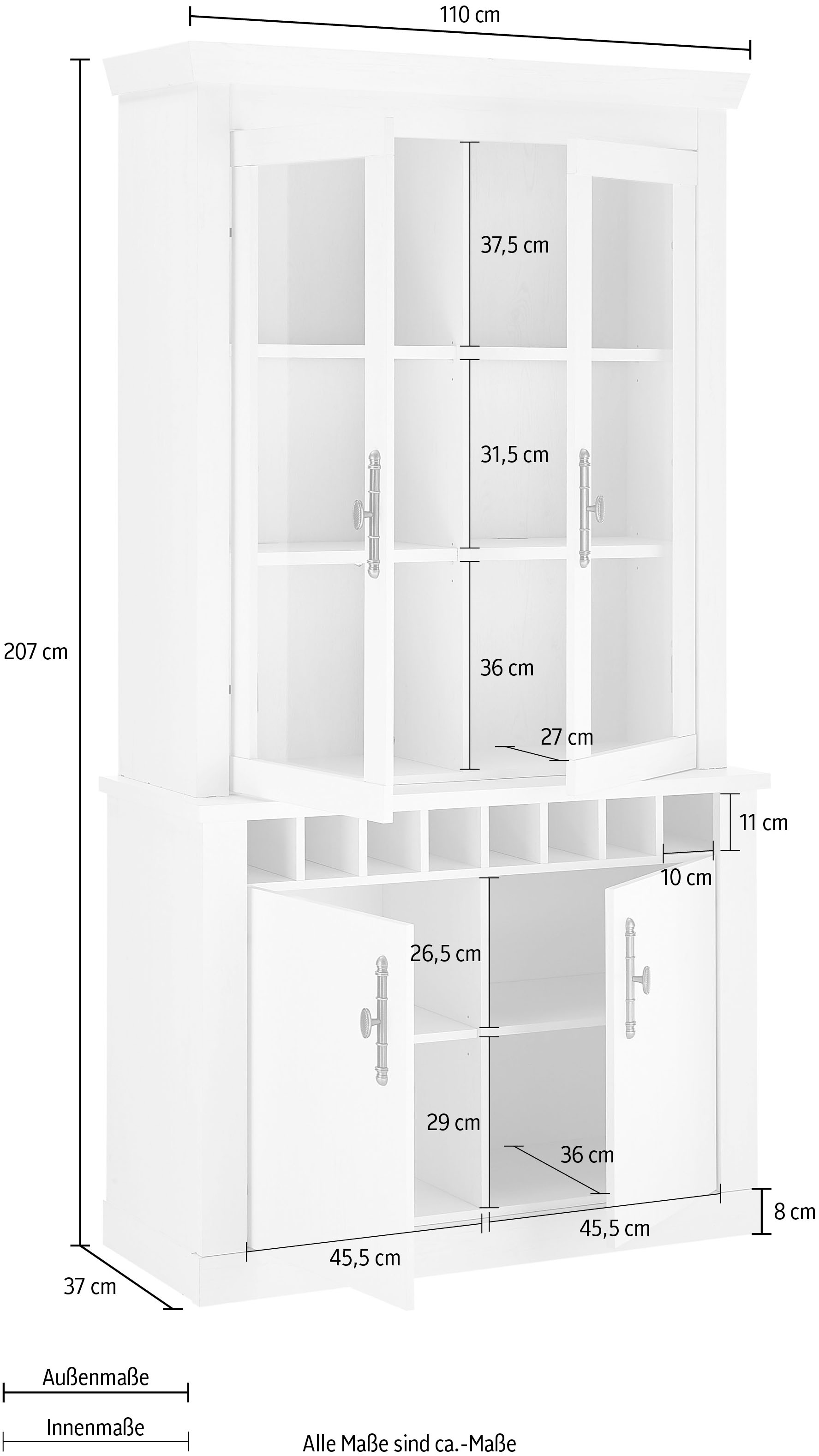 Home affaire Vitrine »RAVENNA«, im romantischen Landhausstil, Griffe aus Metall, Höhe 207 cm