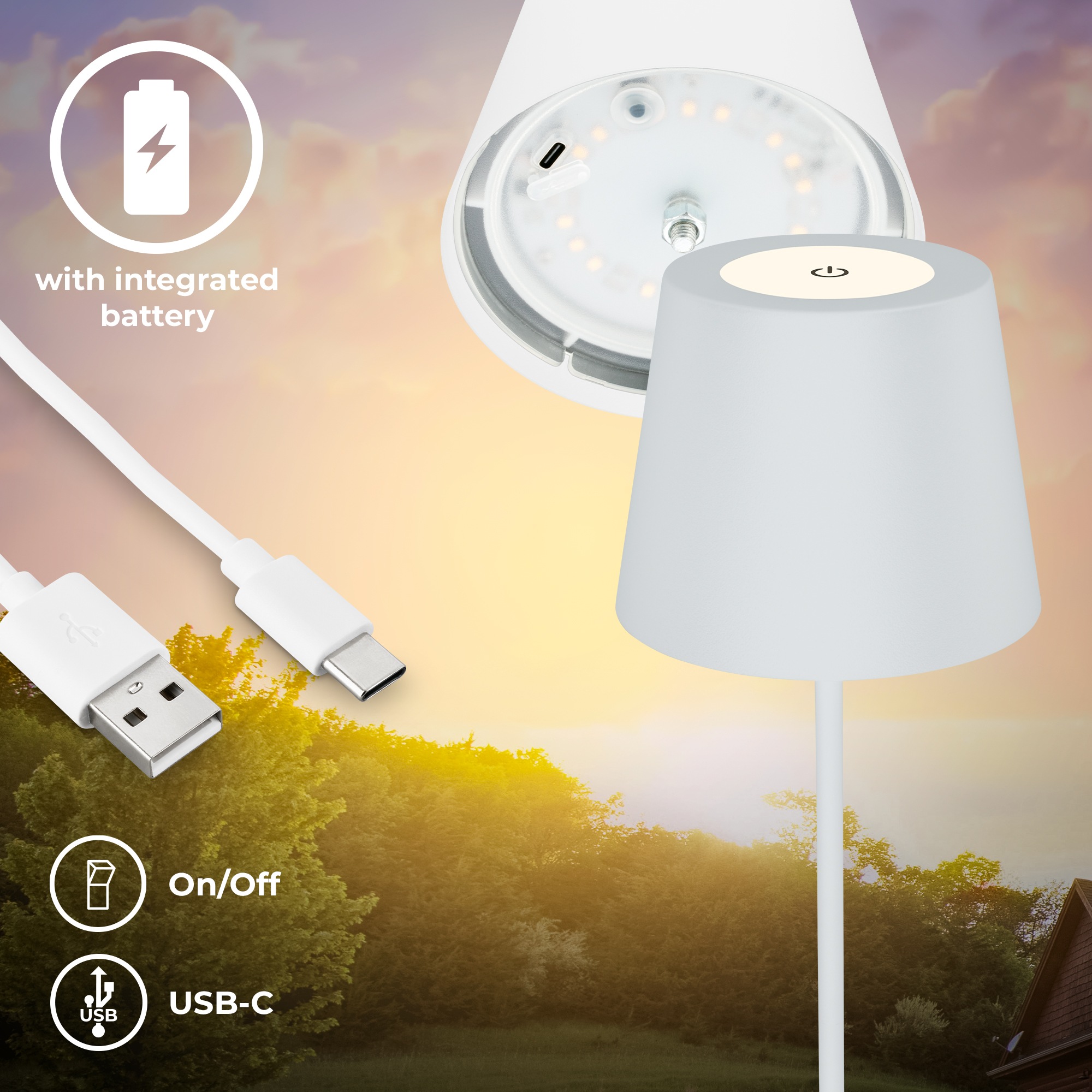 B.K.Licht Außen-Tischleuchte »BK_TL1594 Akku LED Tischlampe, 3-Stufen Touchdimmer, mit USB«, 1 flammig, Leuchtmittel LED-Modul | LED fest integriert, 2.700 K, 200 Lm, 2,5W, IP44, 12h Leuchtdauer, 36 x 10,5 cm, Weiß