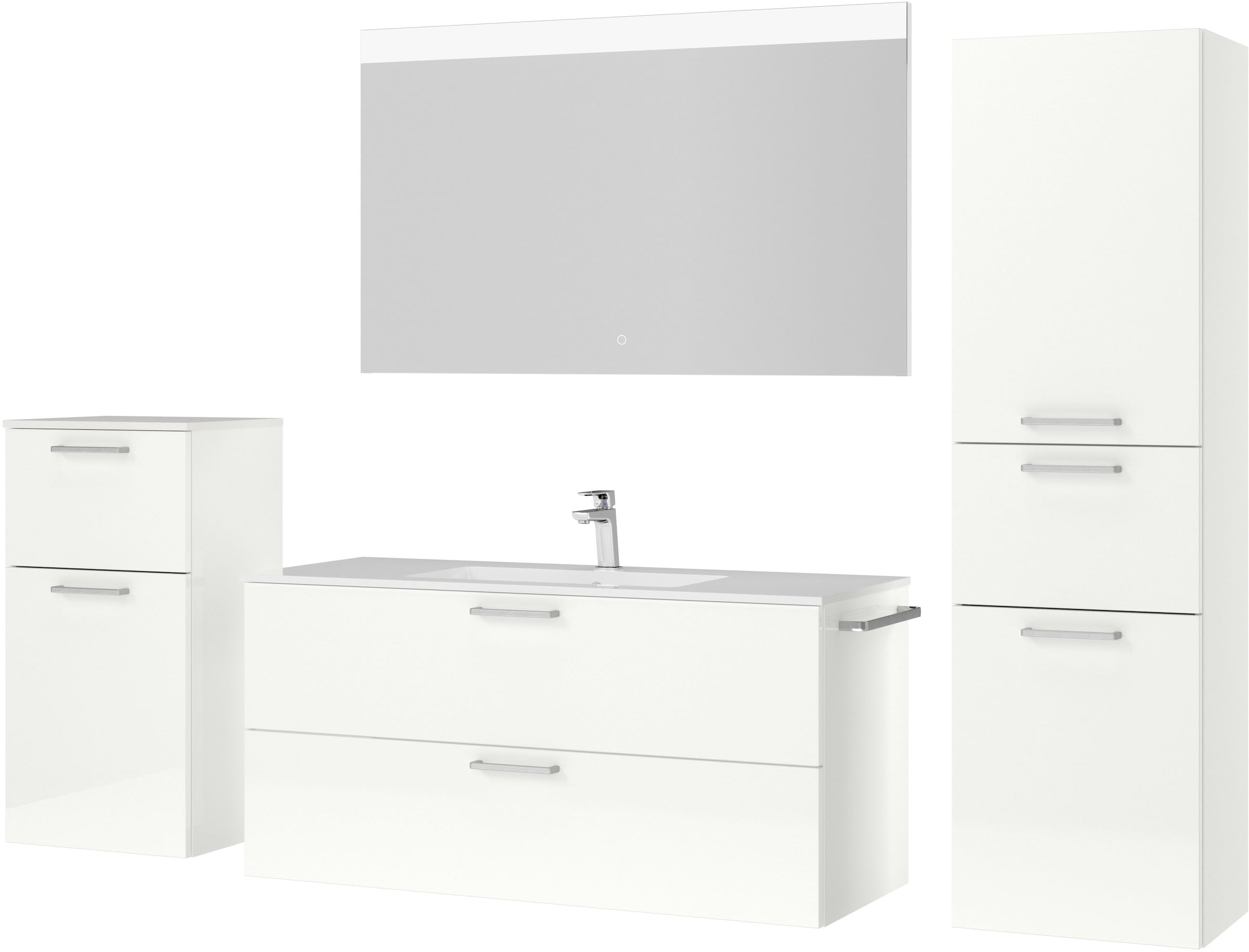 nobilia® Badmöbel-Set »Tolvina«, (4 St., vormontiert, mit Soft-Close), Hochglanz, inkl. Spiegel mit Touch-Sensor, in vier Breiten