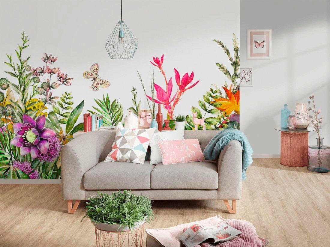 living walls Fototapete »Flower Power Vlies«, Fototapete Blumen Tapete Floral Weiß Bunt 3,50 m x 2,55 m Tapete