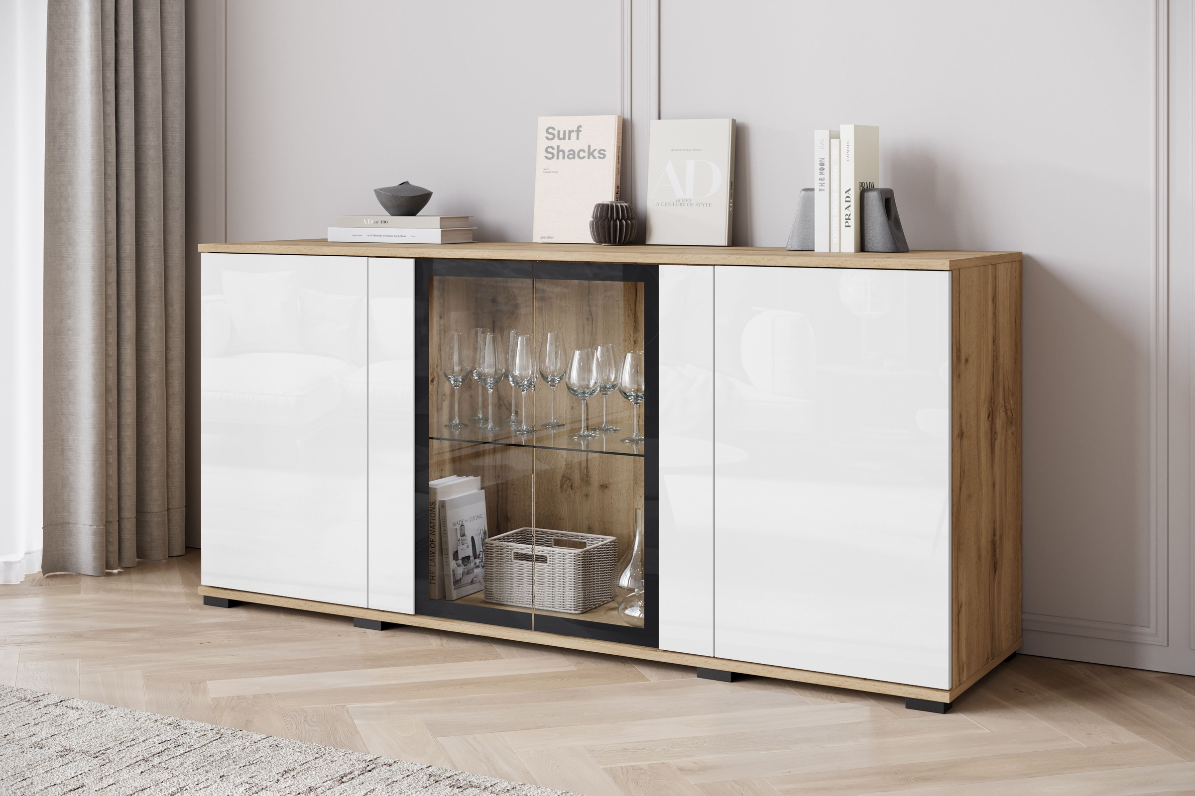 INOSIGN Sideboard »Caro, modernes Design mit Glaseinsätzen, Breite 150 cm«, (1 St.), Grifflose Fronten mit Push-to-Open, höhenverstellbare Einlegeböden