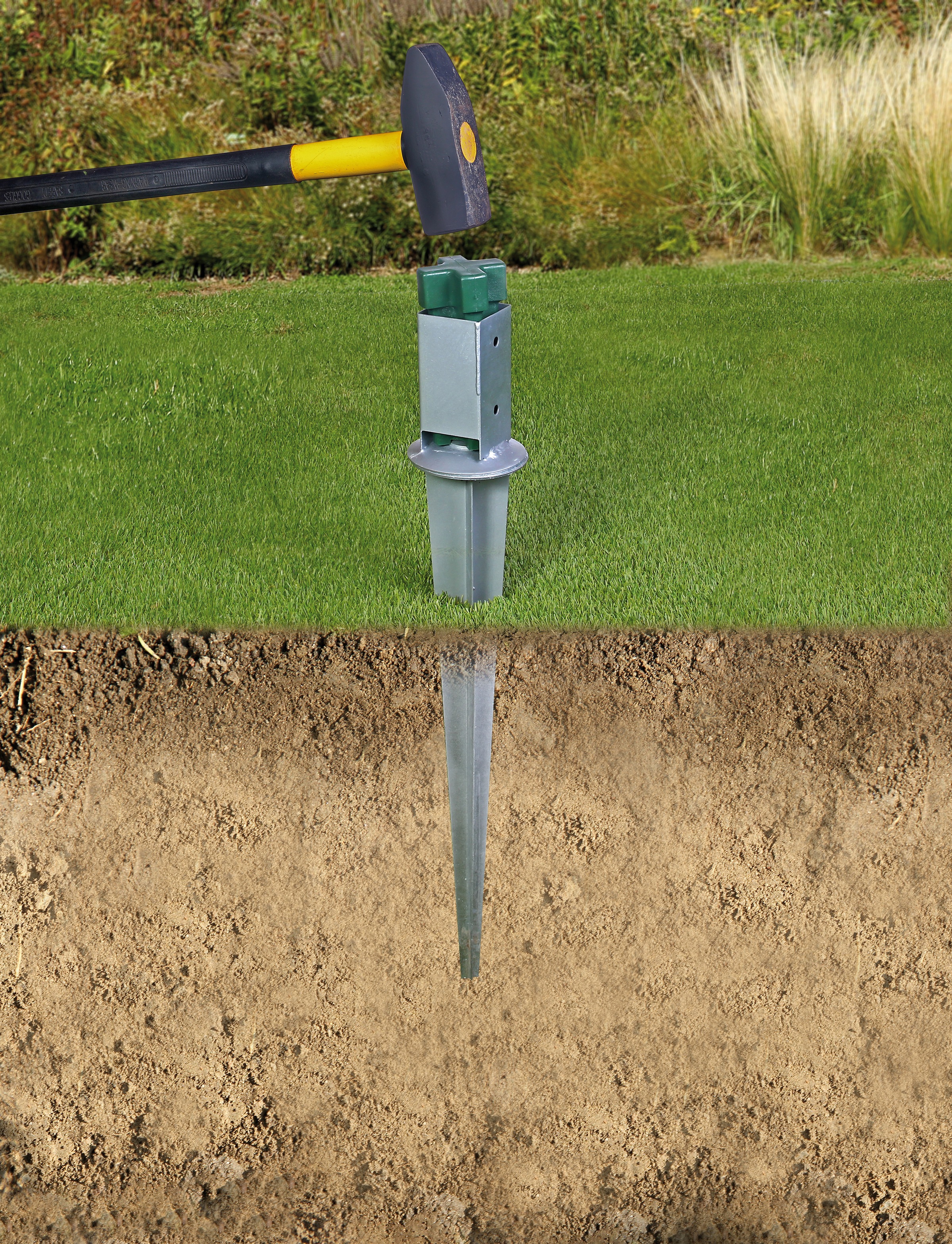 Alberts Einschlag-Bodenhülse »71x71 mm«, für Vierkantholzpfosten, mit verstellbarem Topf, Gesamtlänge 750 mm