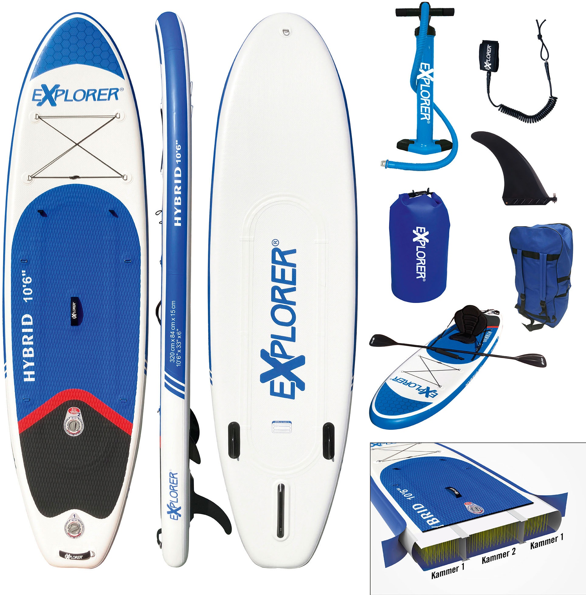 EXPLORER SUP-Board »Hybrid 10.6 Doppelkammer Komplettset« mit Paddel, Kajaksitz, Pumpe, Fangleine, Packsack blau/weiß