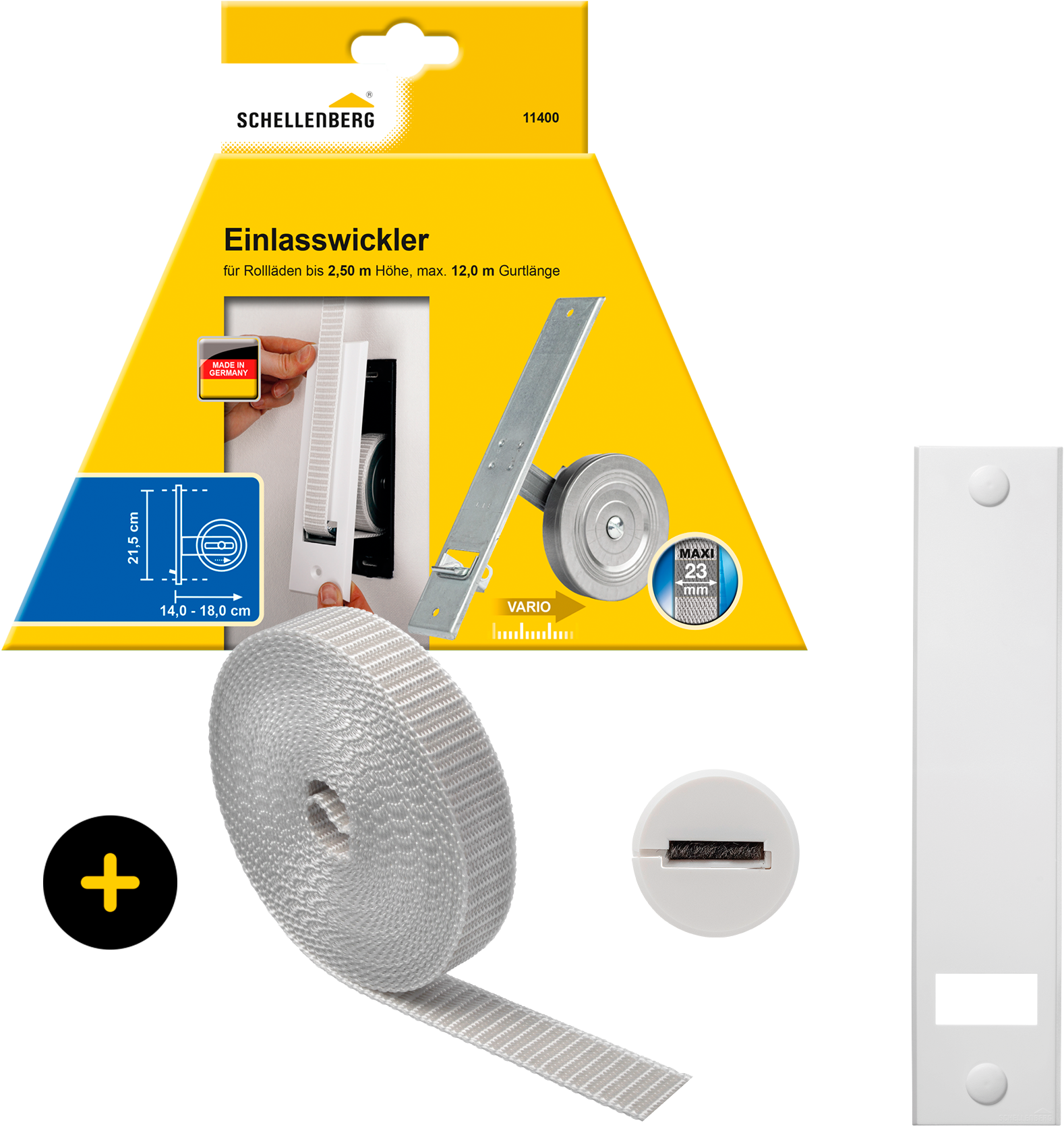 SCHELLENBERG Einlass-Gurtwickler »inkl. Abdeckplatte, Gurtführung, Rollladengurt grau oder weiß« Set, 1 Stk. tlg. Unterputz Gurtwickler 21,5 cm Lochabstand für das Rollladensystem Maxi