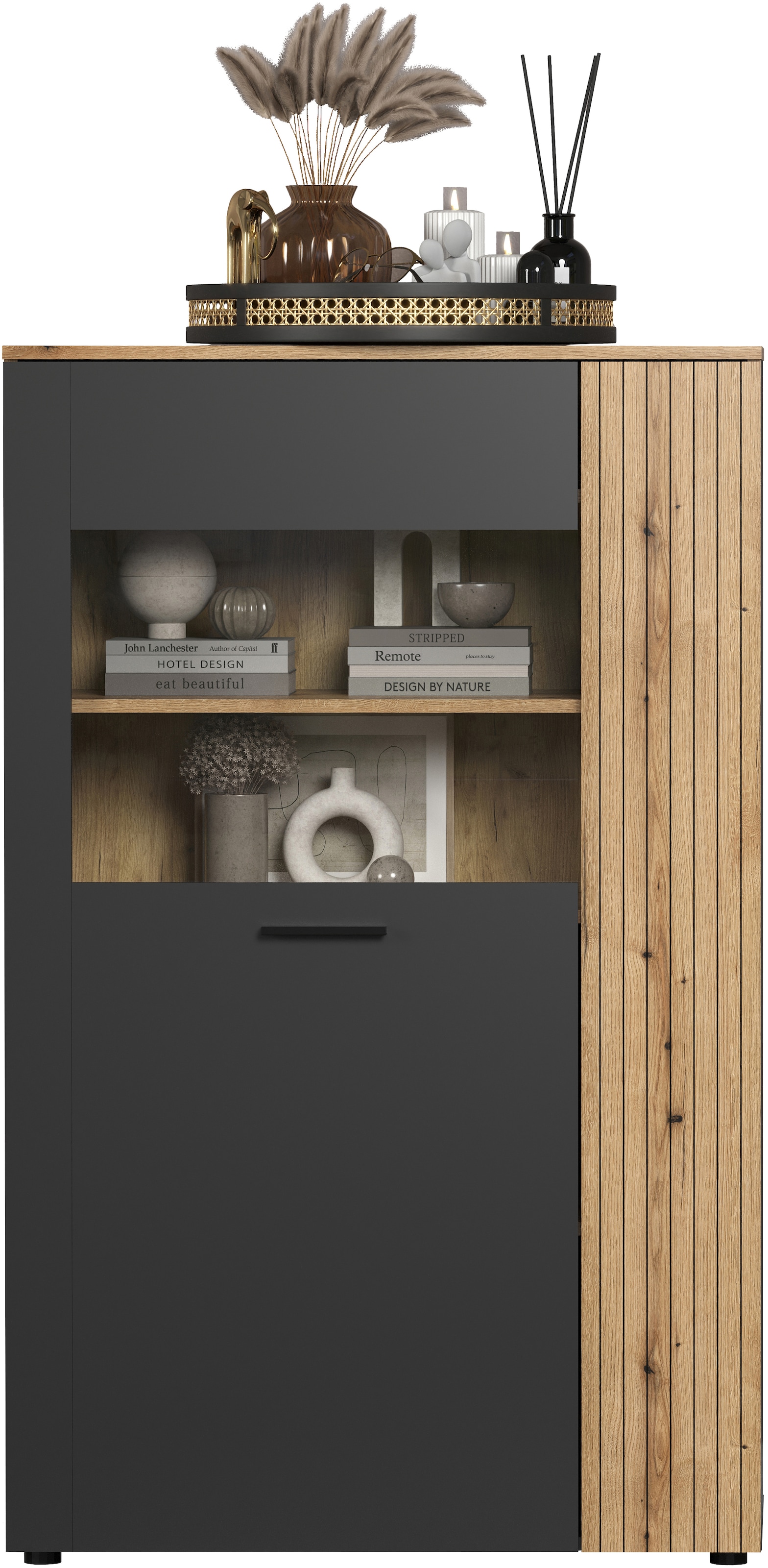 INOSIGN Highboard »Estepona«, (1 St.), Vitrine mit Rillenoptik - Türen links oder rechts montierbar