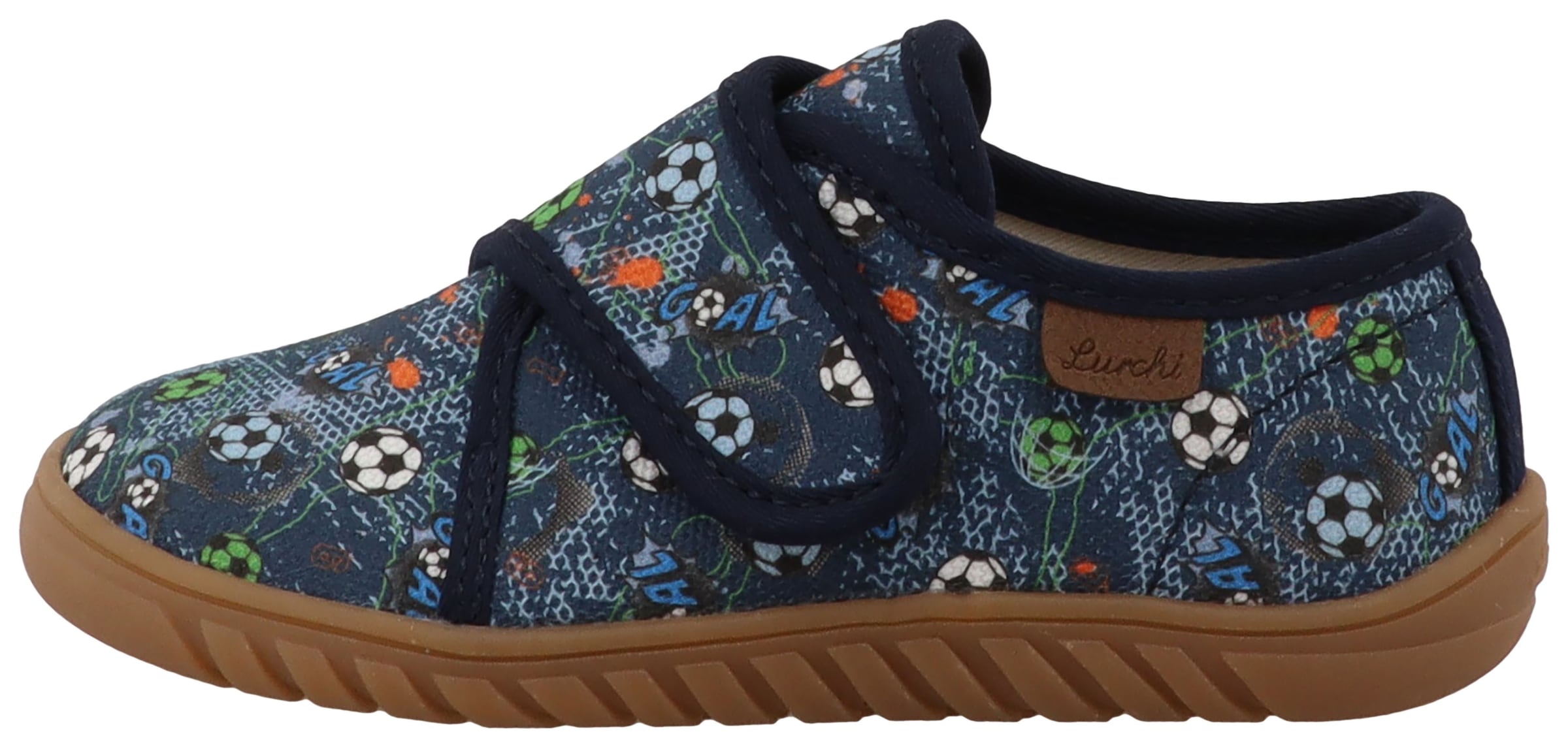 Lurchi Barfußschuh »Bibu 1 Barefoot«  Hauschuh, mit buntem Fußball-Motiv, Größenschablone zum Download
