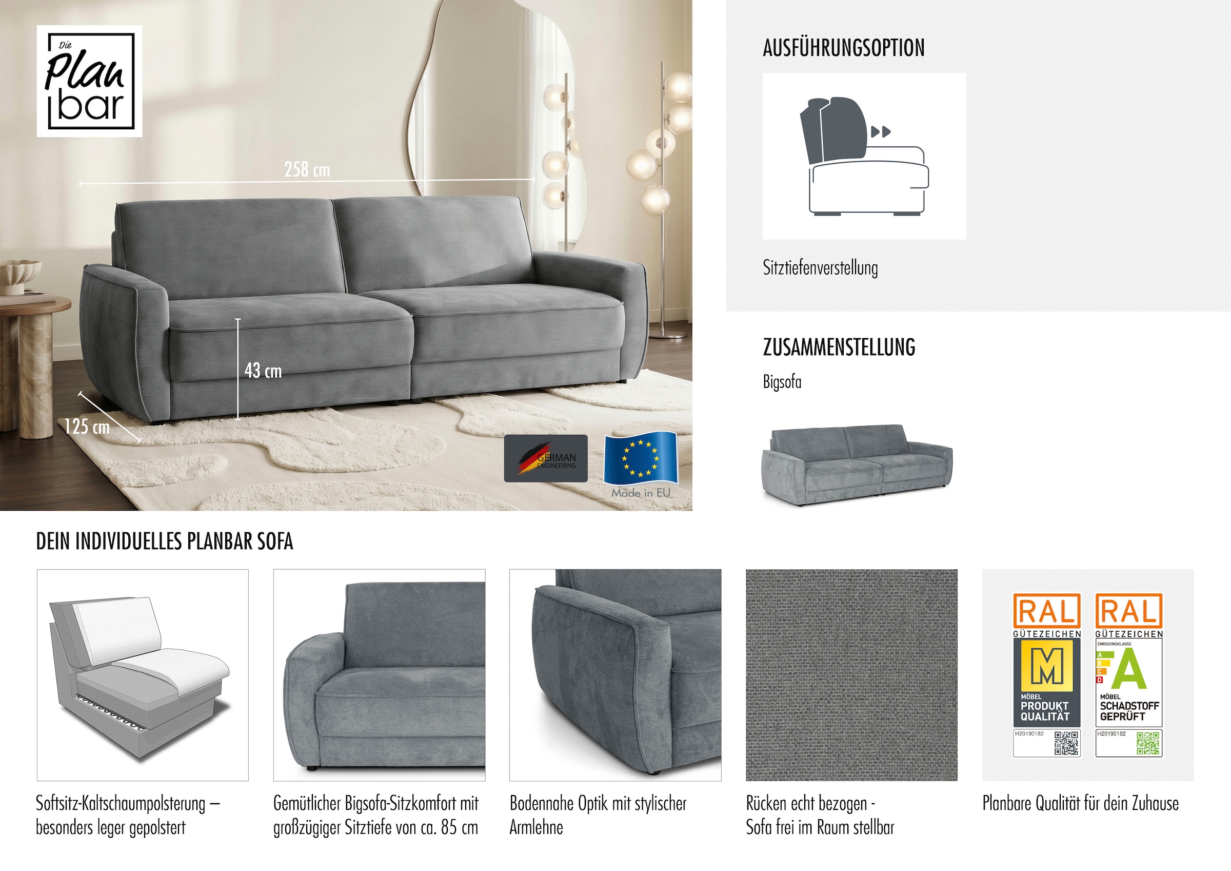 Die PlanBar Big-Sofa »ZE-EM24139, 258 cm breit, 2-teilige XXL Couch mit Softsitz« Kaltschaum Polstersofa, optional mit Sitztiefenverstellung