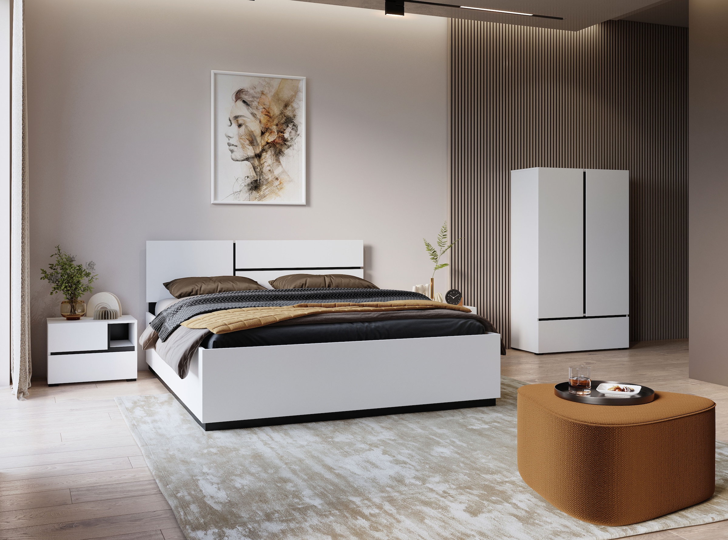 INOSIGN Schlafzimmer-Set »Cross, moderne, grifflose Optik, FSC-zertifiziert«, (4 tlg., Bett 180x200cm, 2 Nachtkommoden, Schrank 2-oder 4-türig), Komplettschlafzimmer-Set
