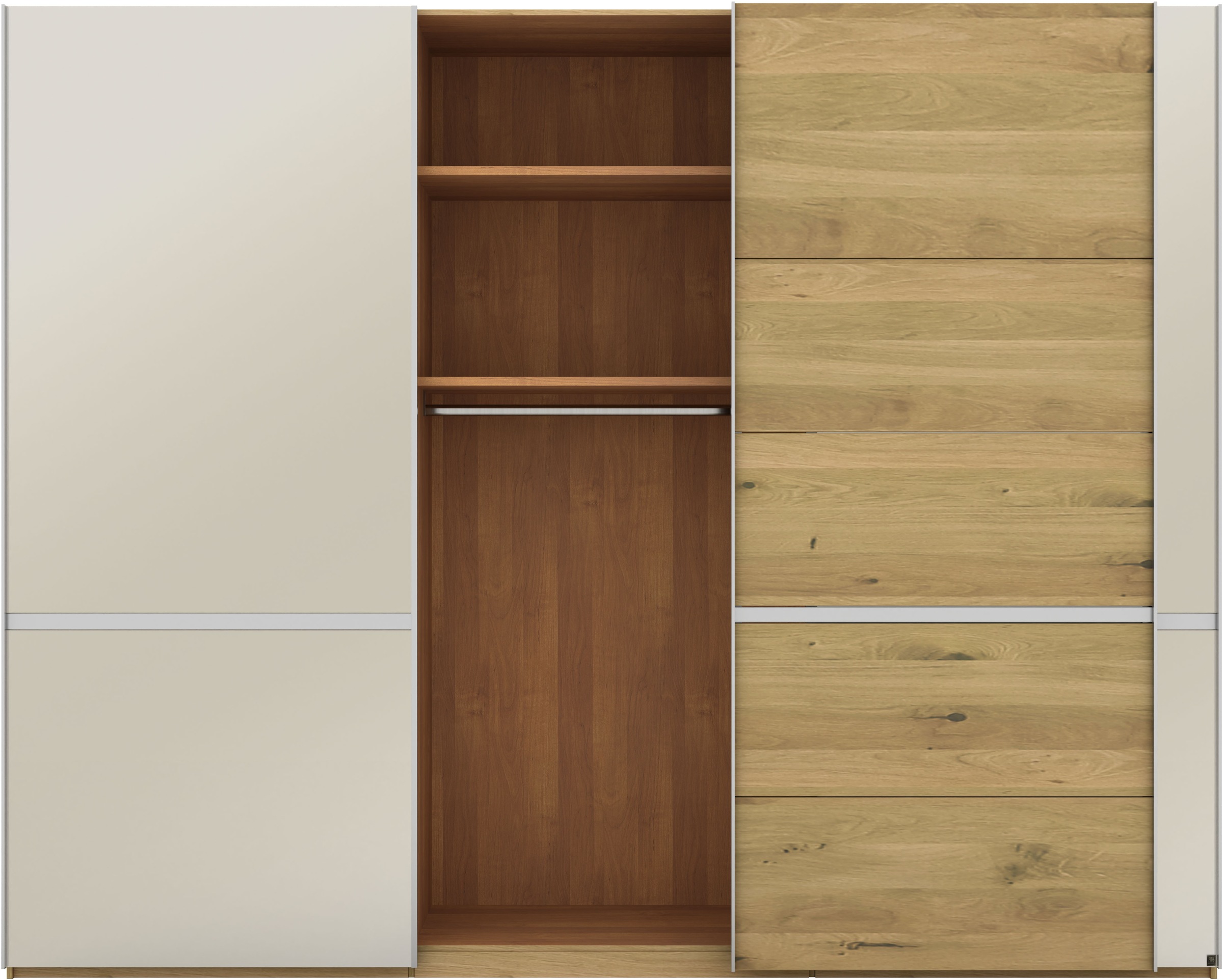 Musterring Schwebetürenschrank »Savona, Kleiderschrank, Schrank, Garderobe, mit Schiebetüren«, (Teilmassiv Bianco-Eiche, mit Spiegel oder Glas, MADE IN GERMANY), Türen Bianco-Eiche massiv, Spiegel-/Glastüren, eingelegte Chromleiste
