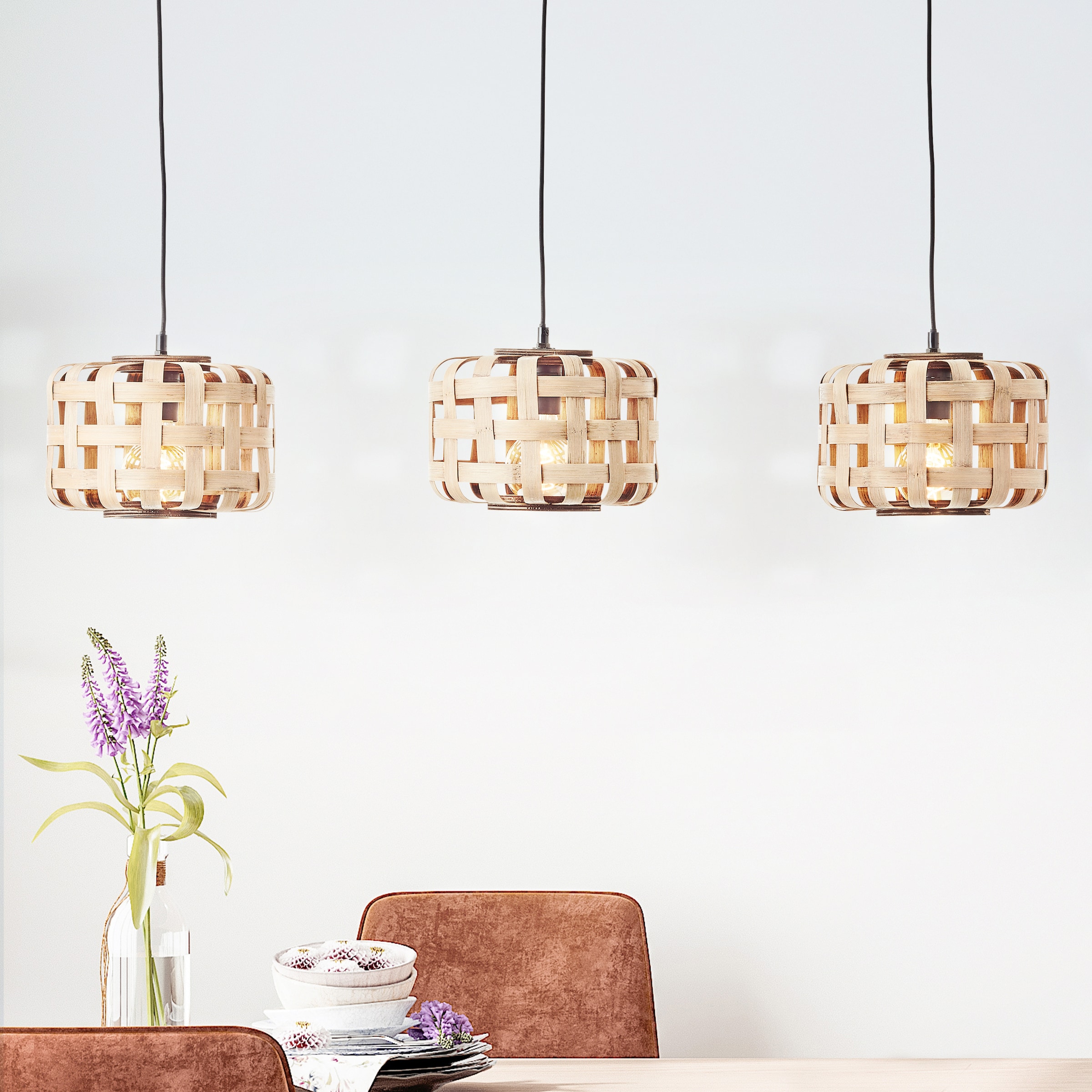 Brilliant Pendelleuchte »Woodline«, 3 flammig, Leuchtmittel E27 | ohne Leuchtmittel, 146 x 25 x 104 cm, 3 x E27, Schirme aus Bambus, natur/schwarz
