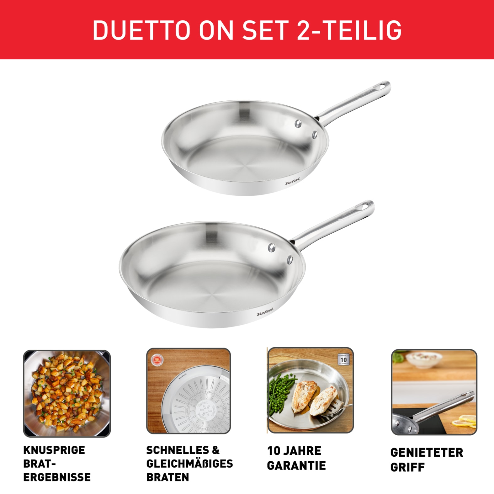 Tefal Pfannen-Set »Duetto On« Edelstahl Set, 2 Stk. tlg. 24/28 cm, unversiegelt, Induktion, genieteter Griff, backofengeeignet
