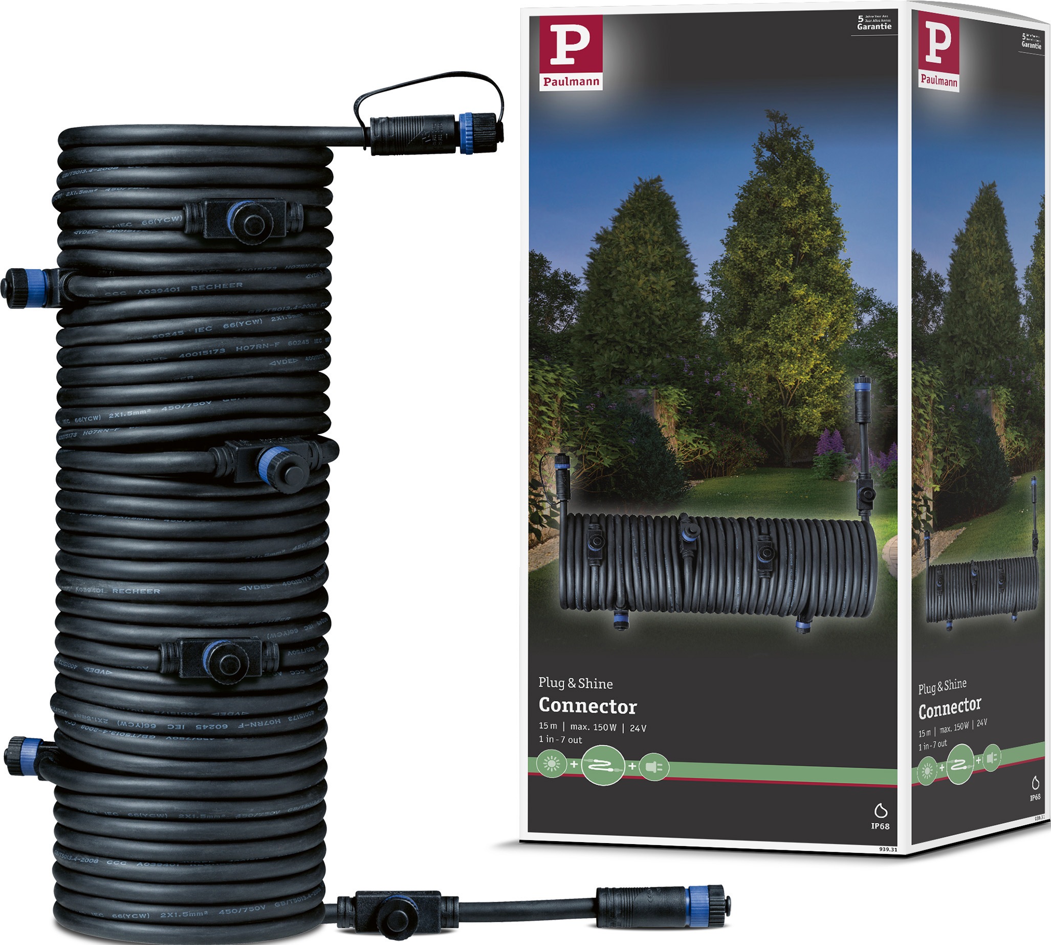 Paulmann Lampen-Verbindungskabel »Outdoor Plug&Shine 15m IP68«, 1500 cm, 1 in - 7 out