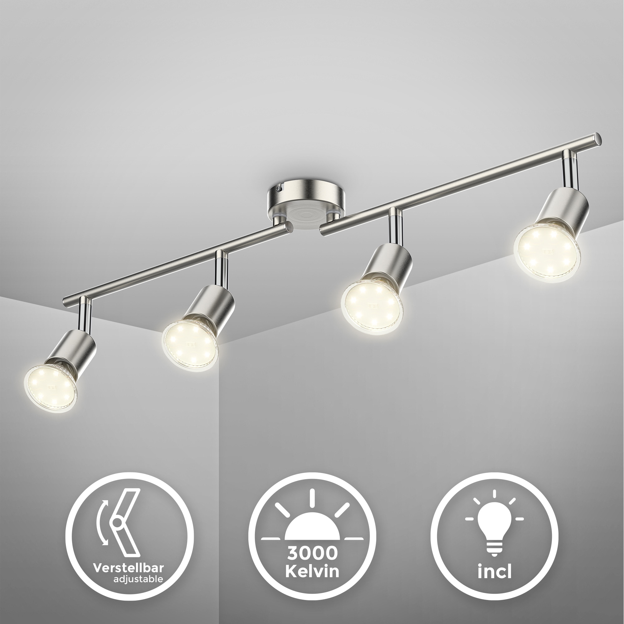 B.K.Licht LED Deckenspot »BK_DS1024 Schwenkbare Deckenlampe, Matt-Nickel, drehbare Spotlampe«, 4 flammig, Leuchtmittel GU10 | LED wechselbar, 3.000K warmweiße Lichtfarbe, inkl. 4x GU10-Leuchtmittel, 60,5x10,5 cm