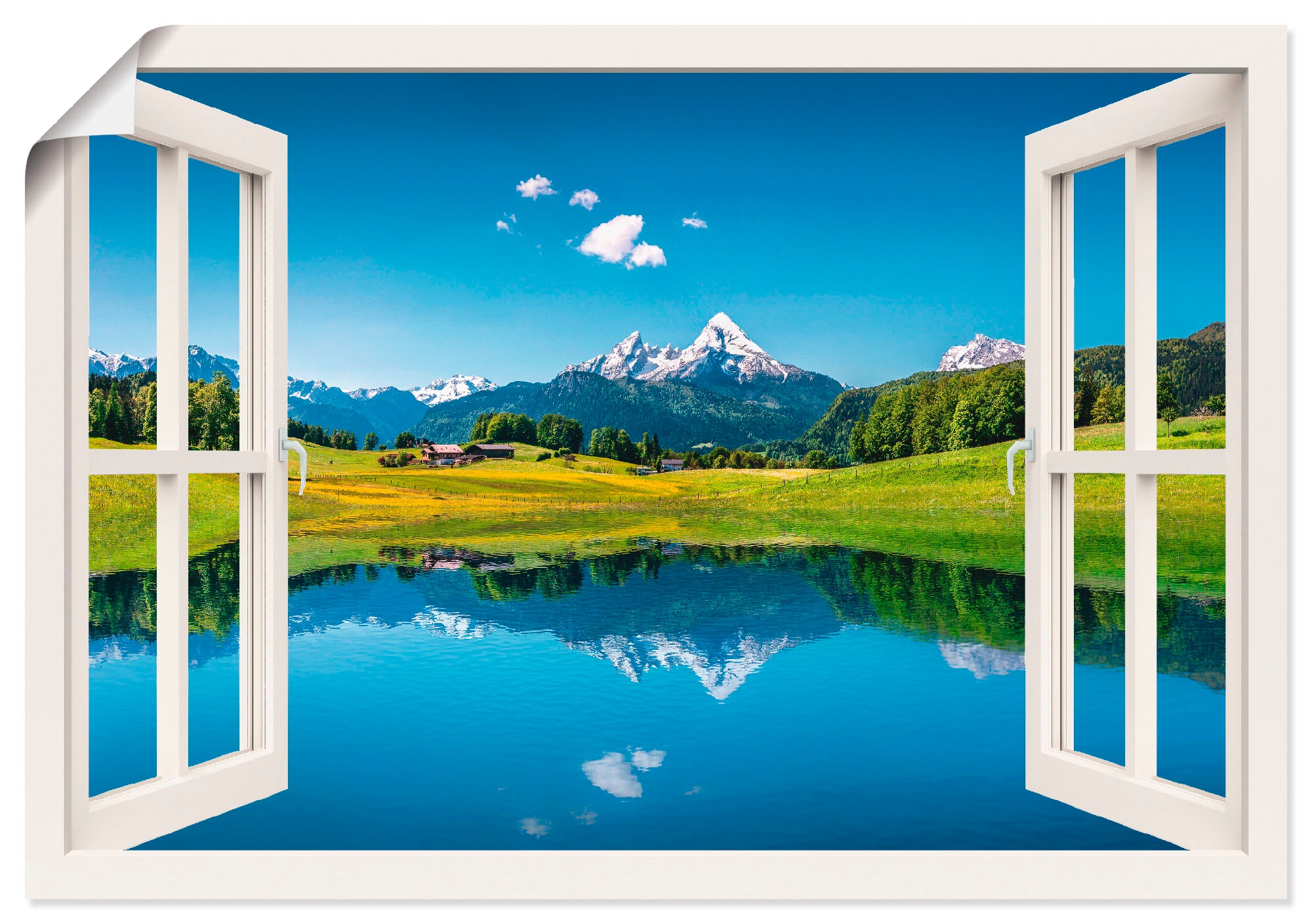Artland Wandbild »Fensterblick Alpen und Bergsee«, Berge, (1 St.), als  Alubild, Leinwandbild, Wandaufkleber oder Poster in versch. Größen auf  Rechnung bestellen