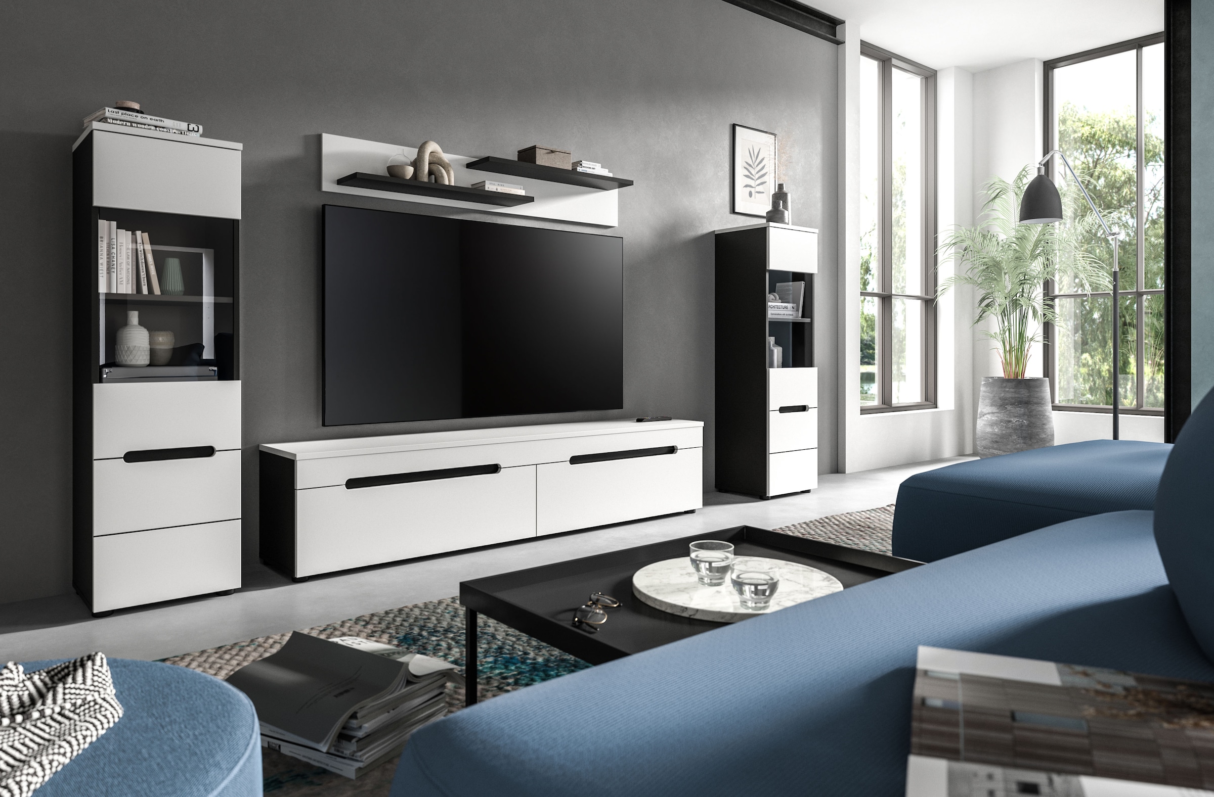 Home affaire Wohnwand »REHAT, TOPSELLER!, 4-teilig, wahlweise stehend und hängend montierbar« Set bestehend aus: 2x Vitrine, Lowboard und Wandboard, 3 Stk. tlg.