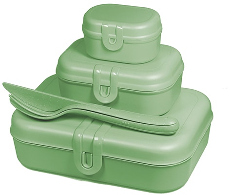 KOZIOL Lunchbox, (Set, 6 tlg., 3 Lunchboxen +1 Besteckset bestehend aus 1x Messer,1x Gabel, 1x Löffel), biozirkulärem Material,spülmaschinengeeignet,melaminfrei,recycelbar