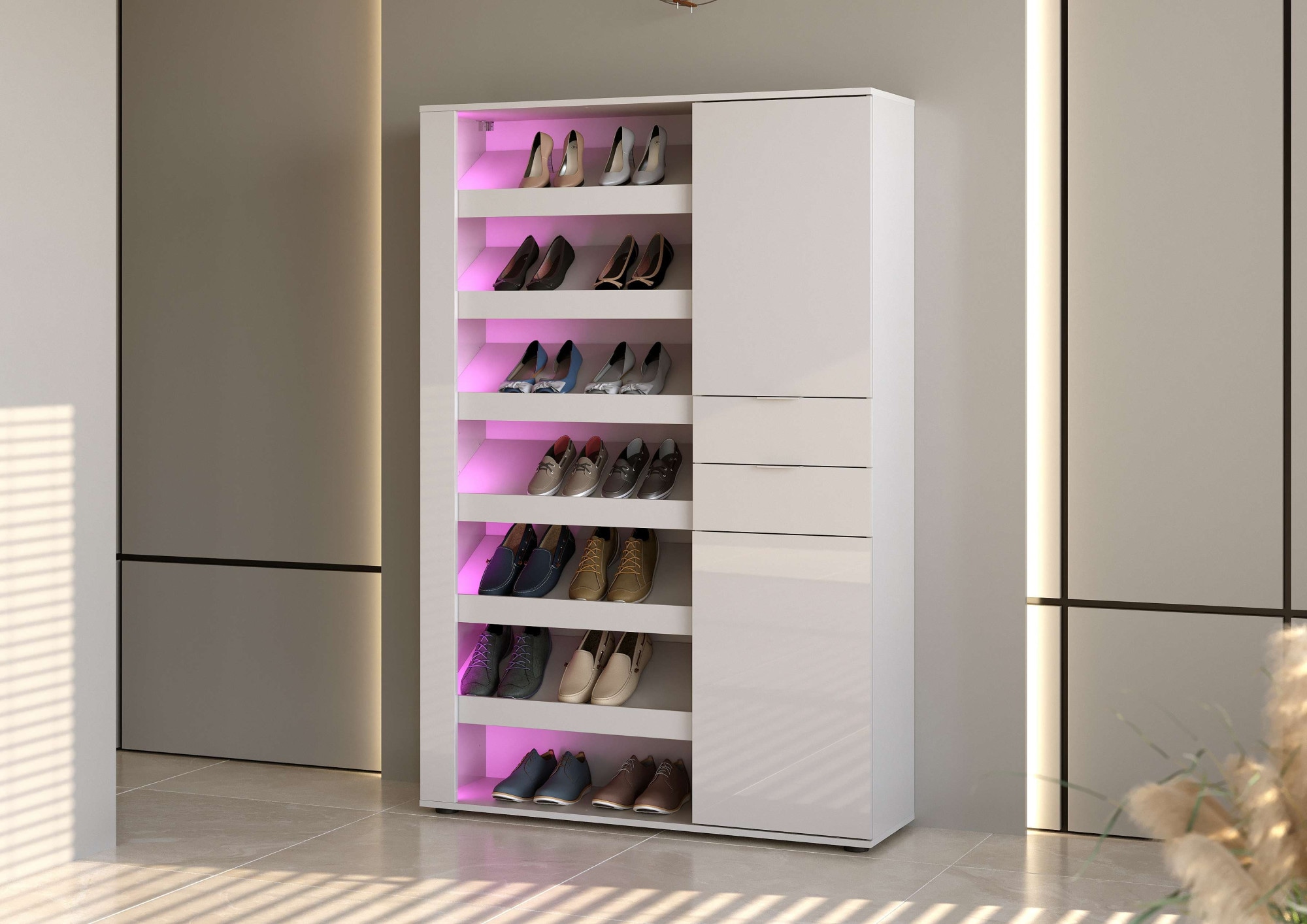 INOSIGN Schuhschrank »BOOST, Schuhschrank,Schuhregal, Breite 120 cm, LED optional bestellbar« 1 Stk. tlg. Hochglanz lackiert mit 7 offenen Fächern, 2 Türen und 2 Schubkästen