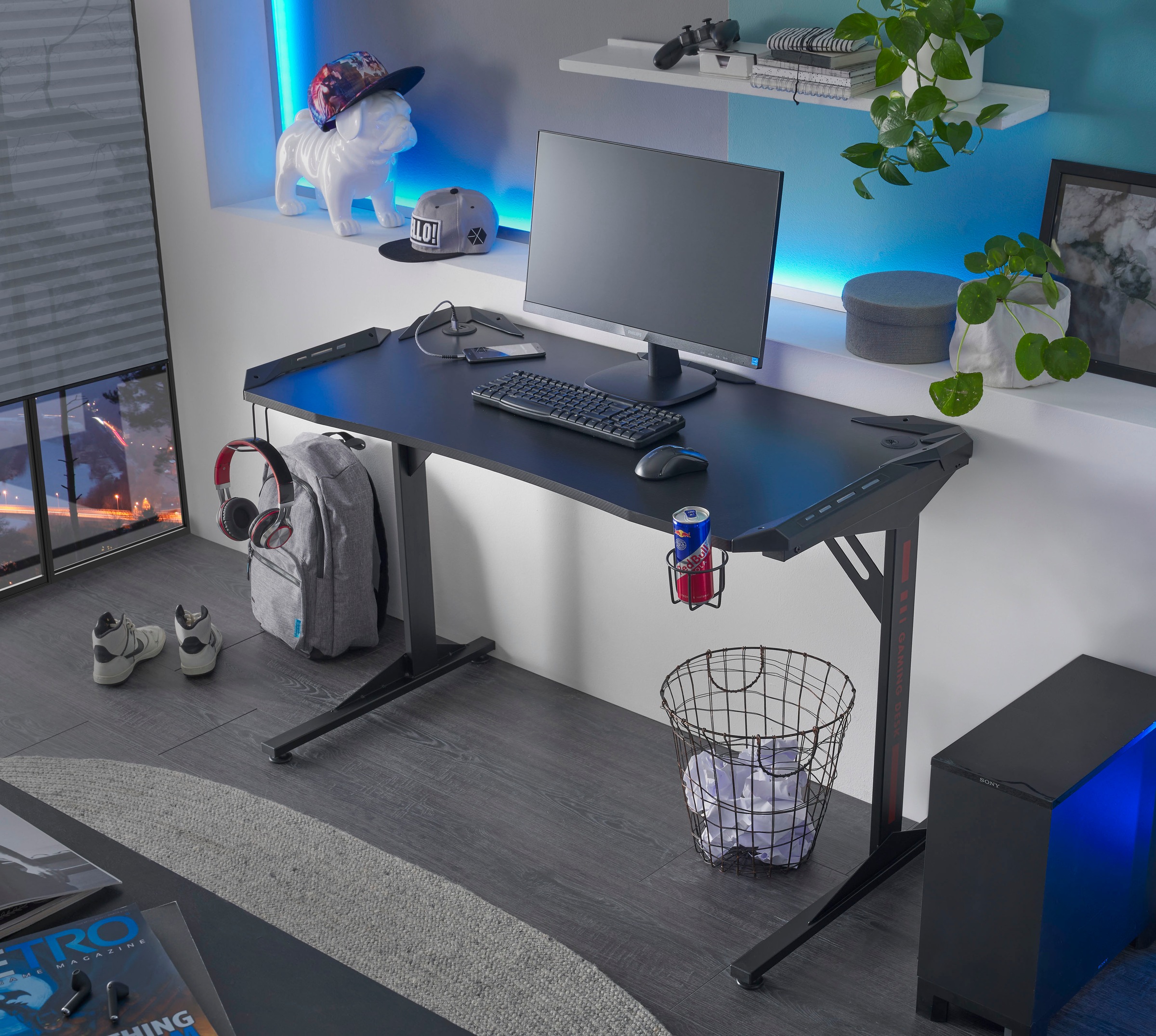Gaming Schreibtisch Schwarz inkl. Beleuchtung und USB-Station von Bega günstig online kaufen