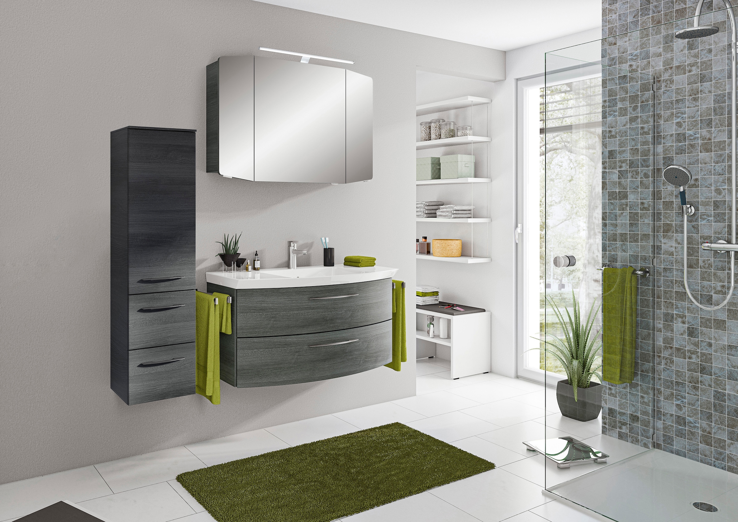Saphir Badmöbel-Set »Cassca Sprint 3-teilig Mineralmarmor-Waschtisch mit LED-Spiegelschrank«, (4 St.), Midischrank, inkl. Türdämpfer, 4 Türen, 4 Schubladen