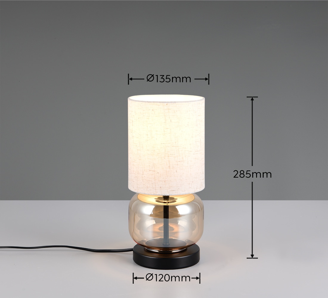 my home Tischlampe »Ulrichstein, Tischlampe mit Glas und Stoffschirm exkl 1x E27 max 40W«, 1 flammig, Leuchtmittel E27 | Leuchtmittel wechselbar, Nachttischlampe Tischleuchte m. Schnurschalter Glas amber Schirm beige