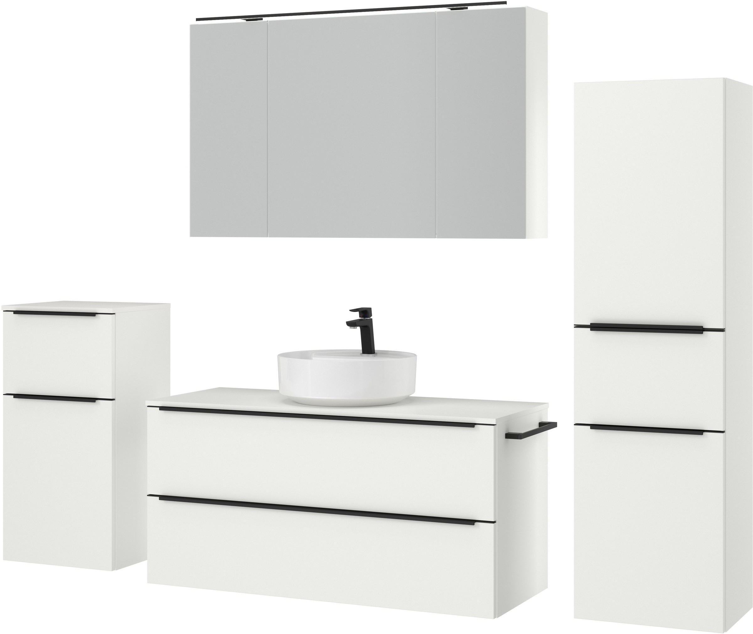 nobilia® Badmöbel-Set »Alvene«, (4 St., vormontiert, mit Soft-Close), inkl. Spiegelschrank mit Beleuchtung und Dimmerfunktion, in 4 Breiten