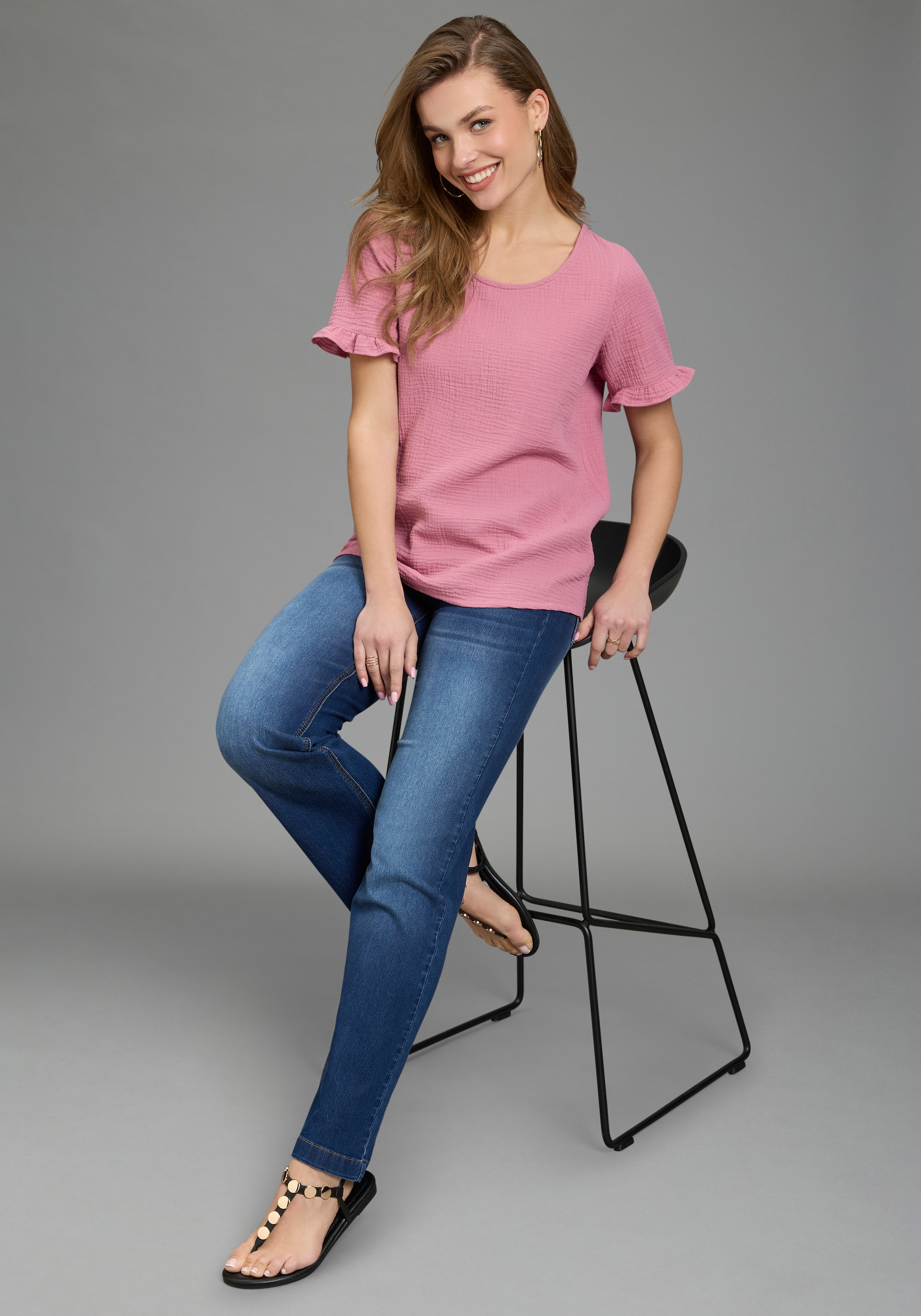 Laura Scott Rüschenbluse mit Zier-Knopfleiste am Rücken, unifarben, aus Baumwoll-Musselin