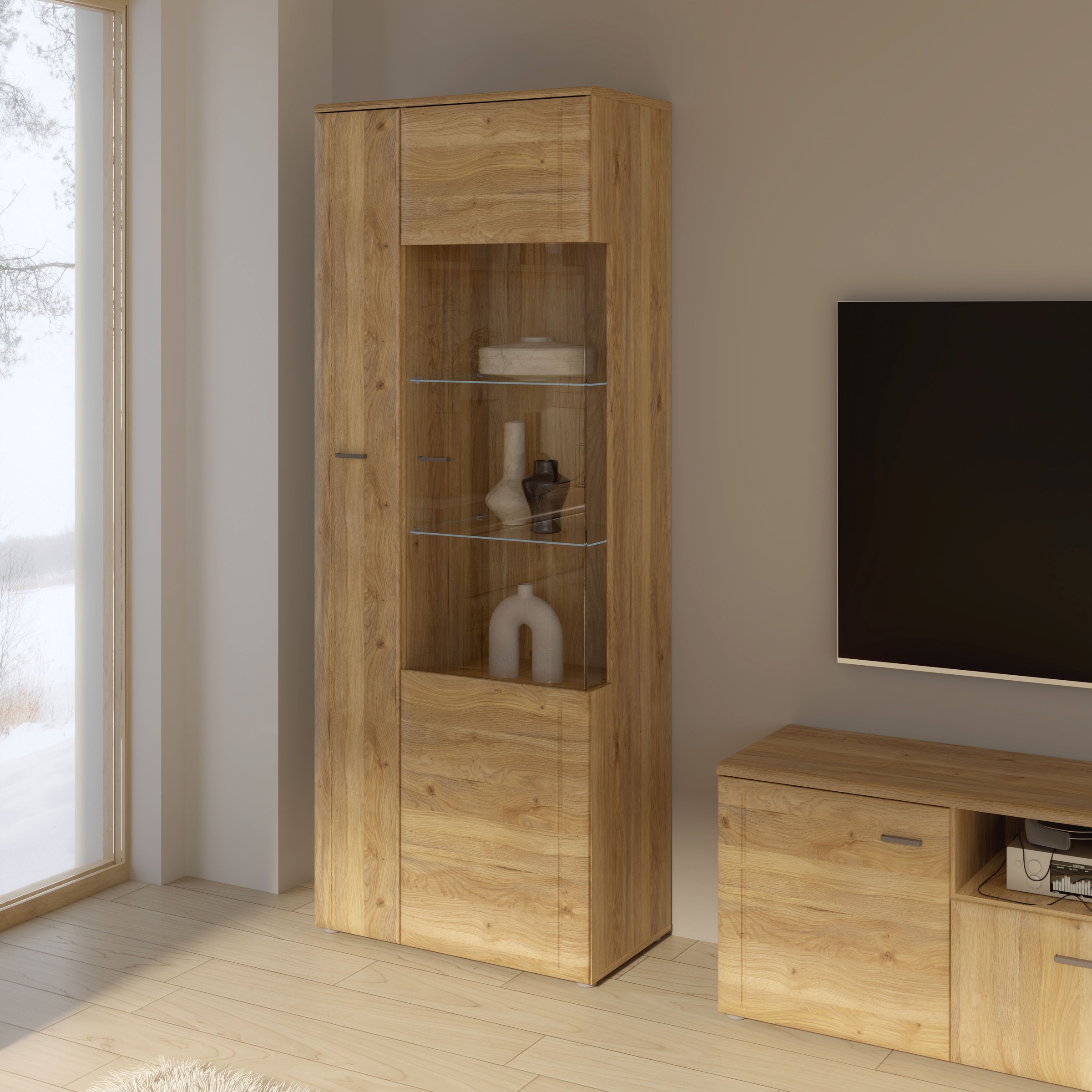 FORTE Vitrine »Akinori«, (B/H/T 75,1/197,6/41,8 cm), Highboardvitrine, Glastüre, Soft Close, MDF Front, Metallgriffe