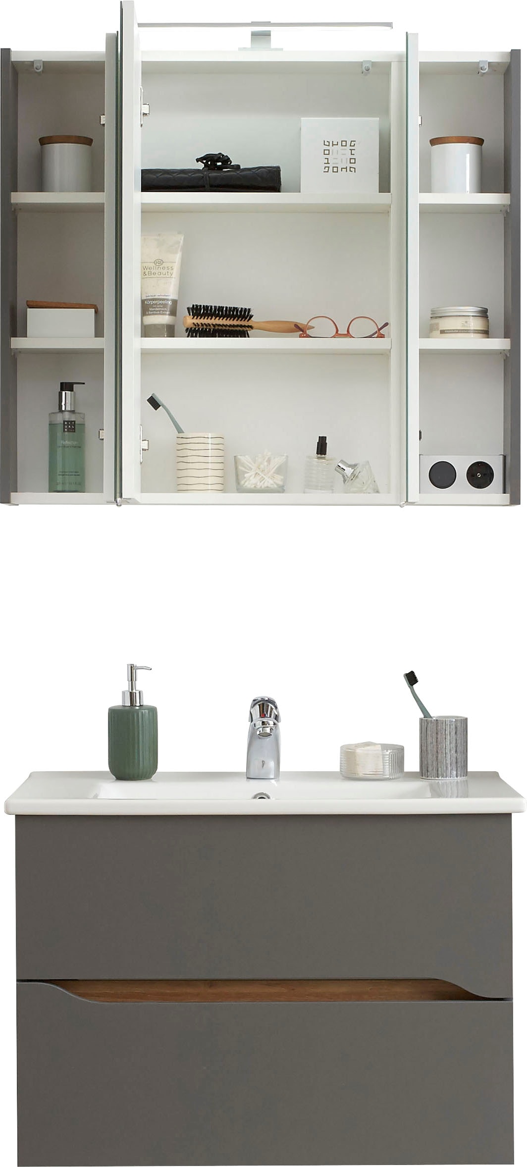 Saphir Badmöbel-Set »Quickset 2-teilig, Keramikwaschtisch mit LED-Spiegelschrank«, (2 St.), 80 cm breit, 2 Schubladen, 3 Spiegeltüren, 6 Einlegeböden