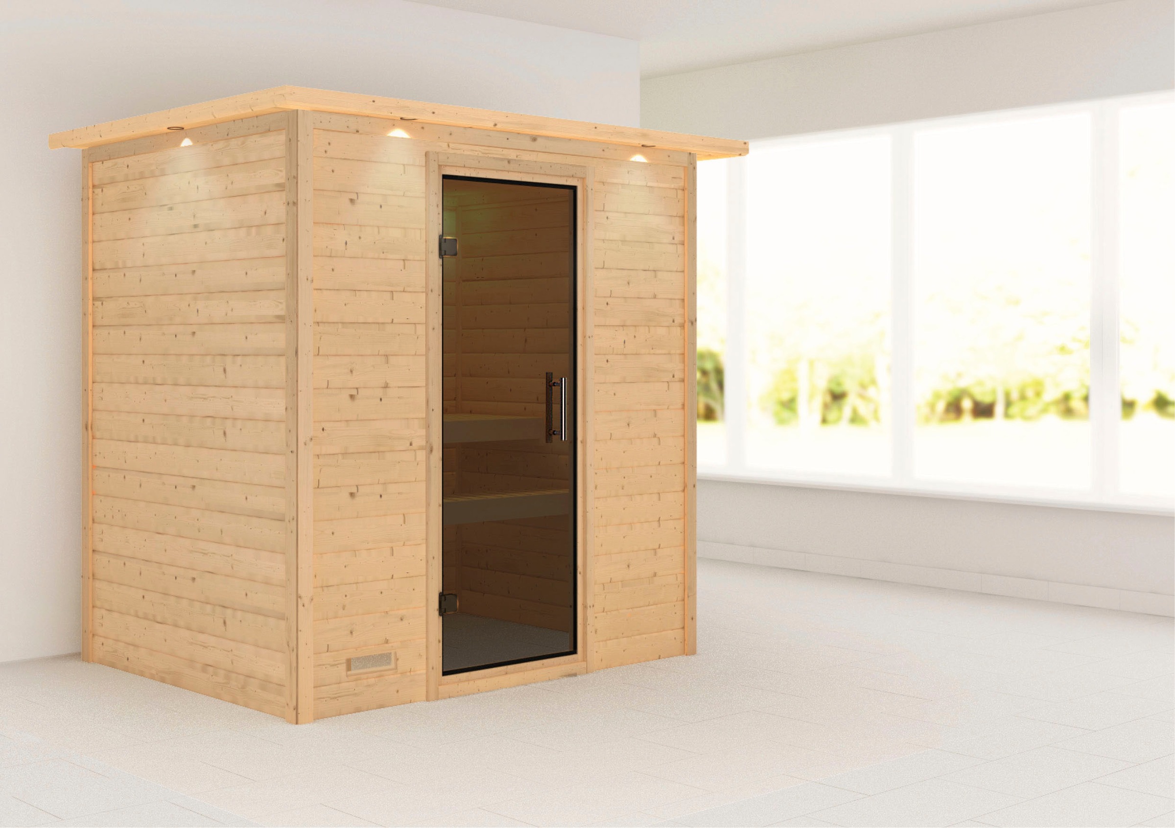 Karibu Sauna »"Sonja" mit graphitfarbener Tür und Kranz naturbelassen«