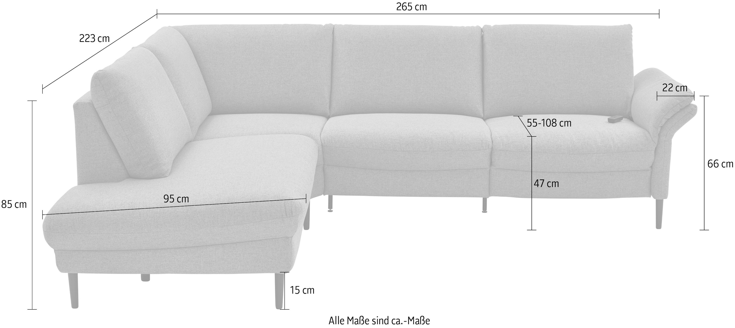 Places of Style Ecksofa »Sarsina: mit Tonnentaschen-Federkern, perfekt zum Entspannen L-Form«, inklusive 2 motorischen Relaxfunktionen mit Herz-Waage-Beschlag