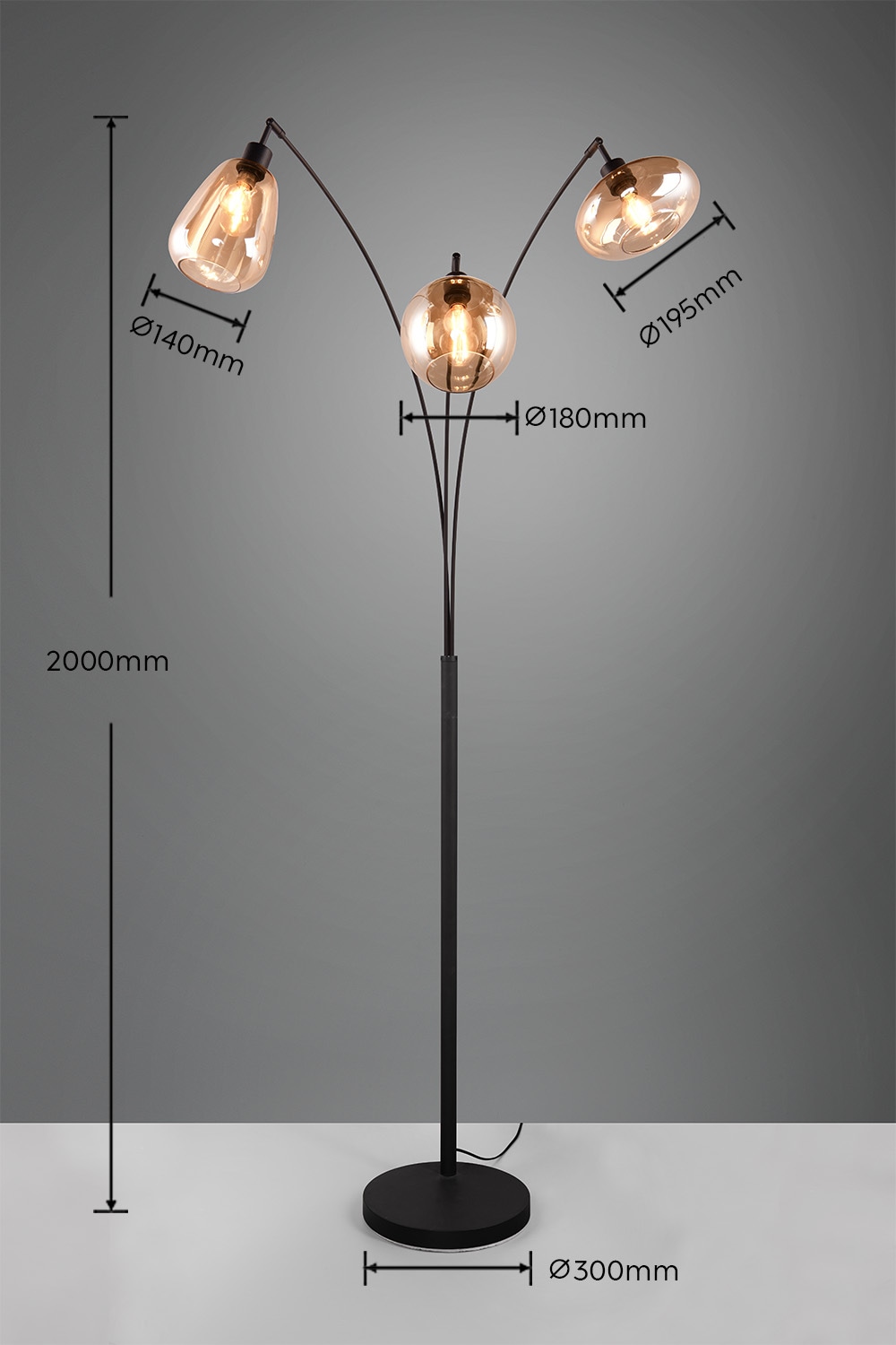 TRIO Leuchten Stehlampe »LUMINA, gebogene Stehleuchte mit Glasschirmen exkl 3xE14 max 10W«, 3 flammig, Leuchtmittel E14 | Leuchtmittel wechselbar, amberfarbige Gläser in 3 Formen, Fußschalter, Bogenleuchte Höhe 200 cm