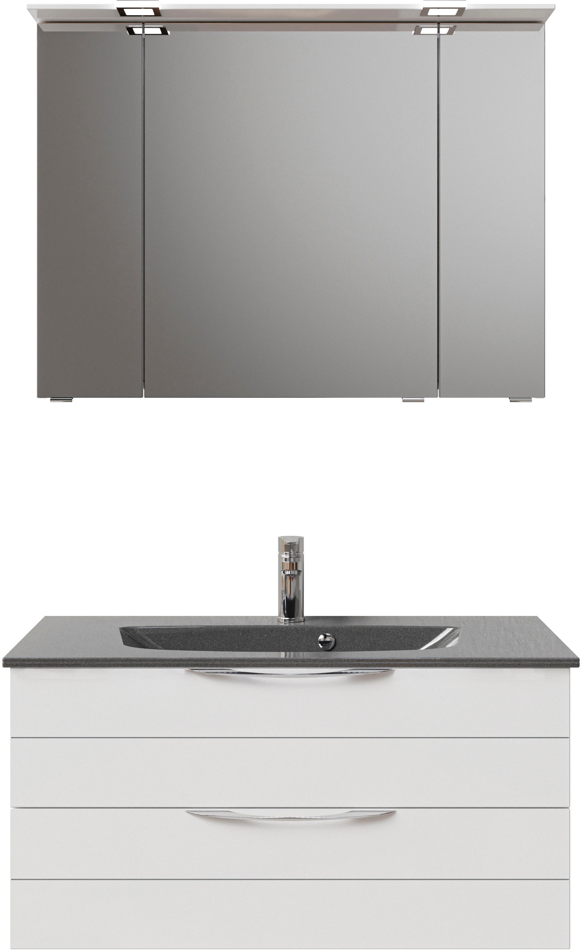 Saphir Badmöbel-Set »Serie 6025 2-teilig Mineralmarmor-Waschtisch mit LED-Spiegelschrank«, (2 St.), Waschplatz 97 cm breit, 2 Schubladen, 3 Spiegel-Türen, inkl Türdämpfer