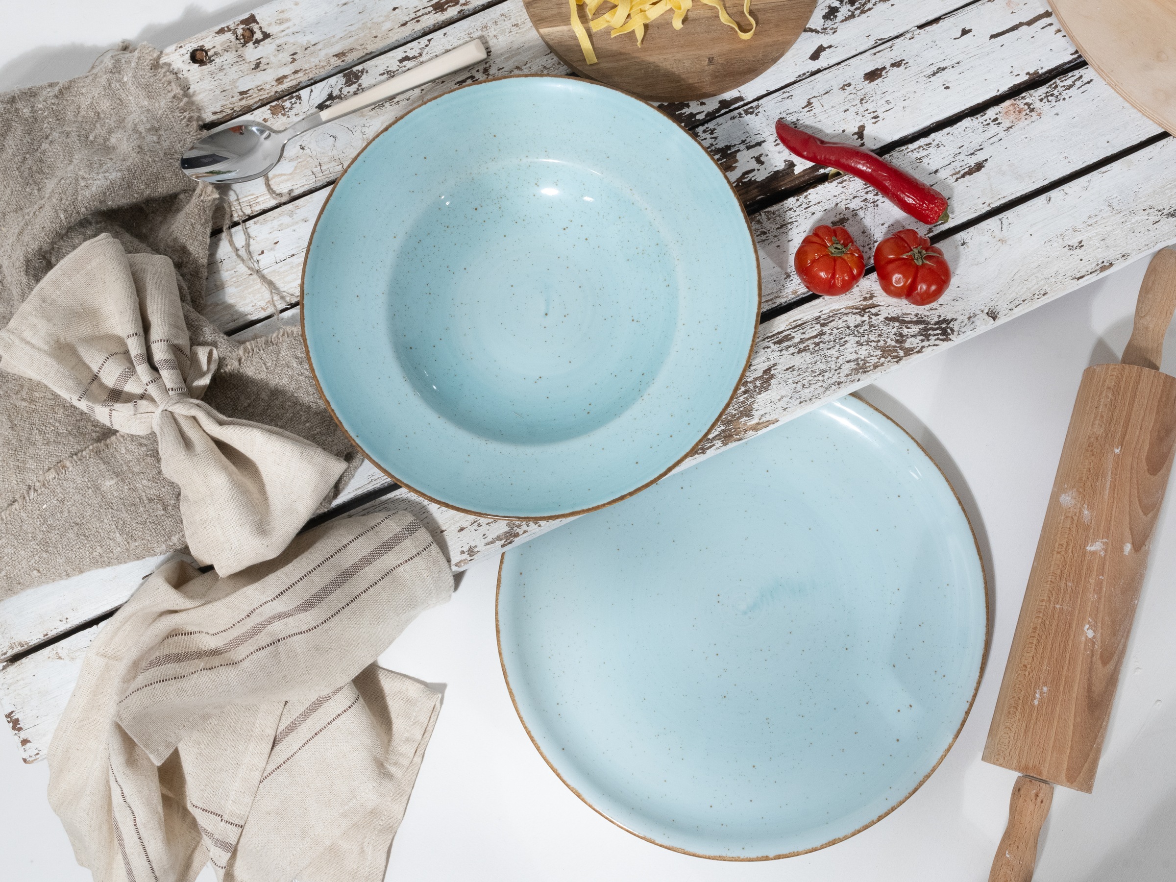 CreaTable Pizzateller »Vintage Nature, Pizzateller 33 cm 4-tlg«, (Set, 4 St.), Handgemalt, Gesprenkelt, Rustikales Außenband