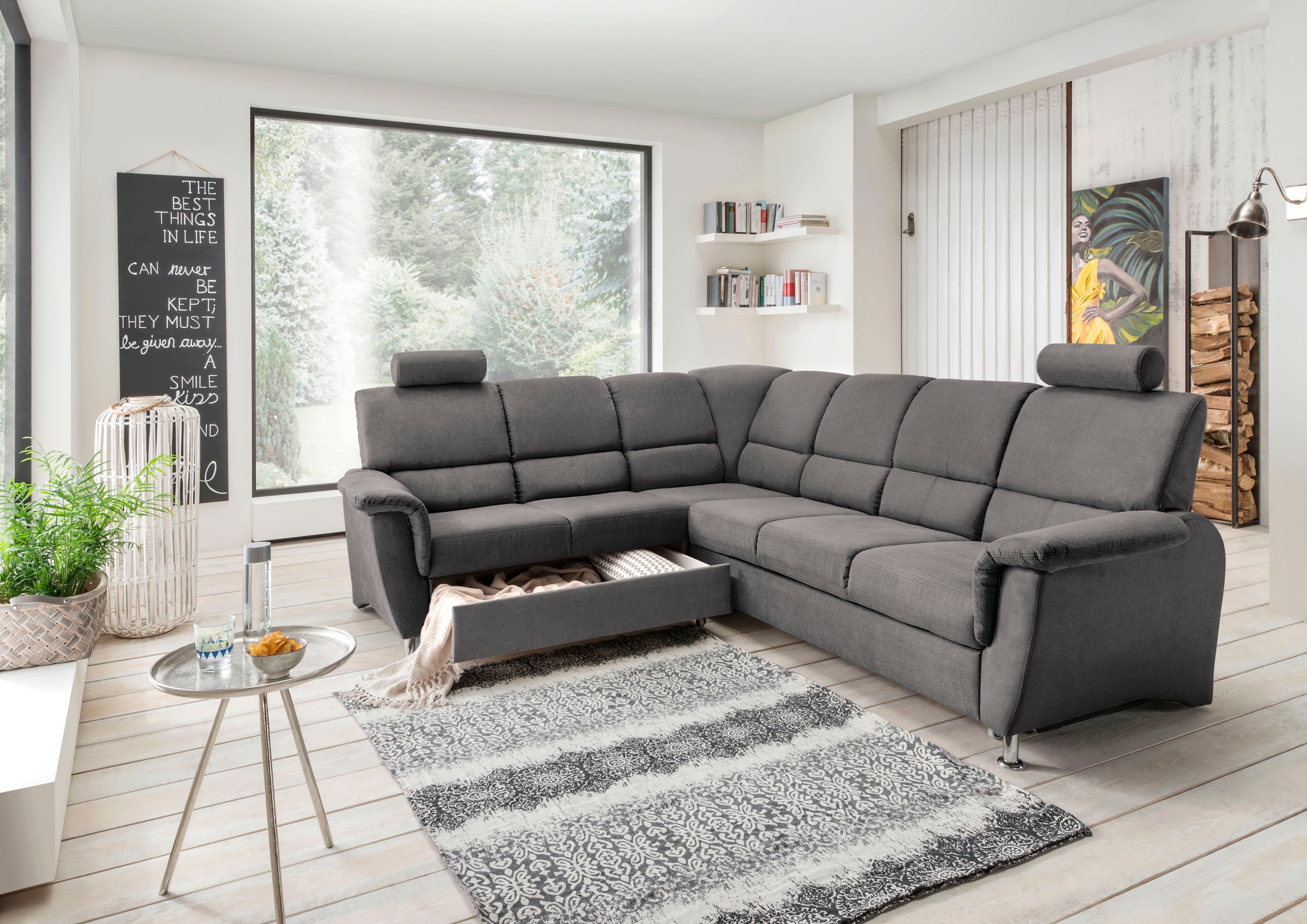 Home affaire Ecksofa »Pisa L-Form, mit Schlaffunktion, Stauraum, 2x höhenverstellbare«, Kopfstützen und Relaxfunktion im Eckelement