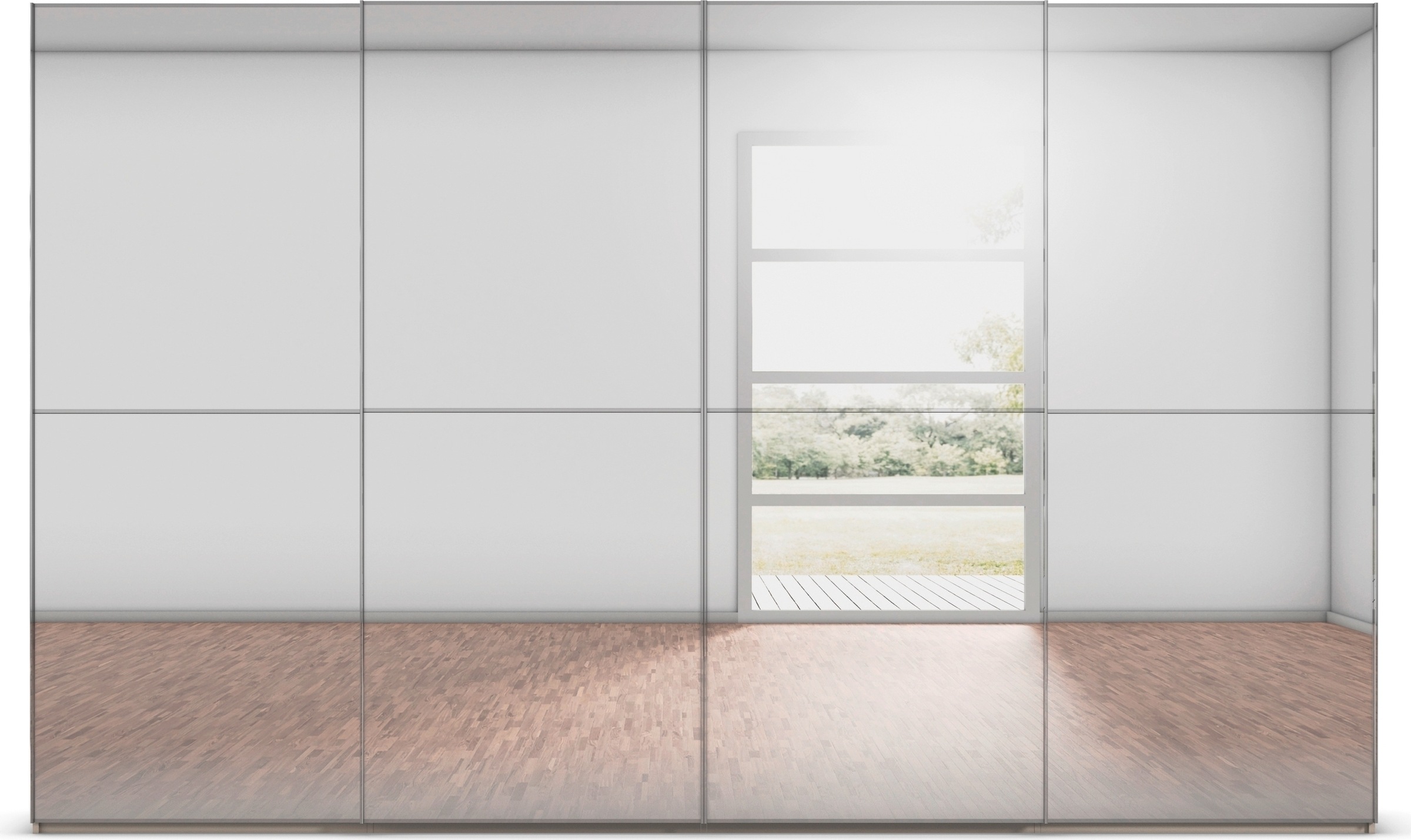 rauch Schwebetürenschrank »Kleiderschrank Schrank Garderobe Schlafzimmerschrank SCALE-DUO«, edle zweigeteilte Türen Spiegelfront und 3 Zierleisten MADE IN GERMANY