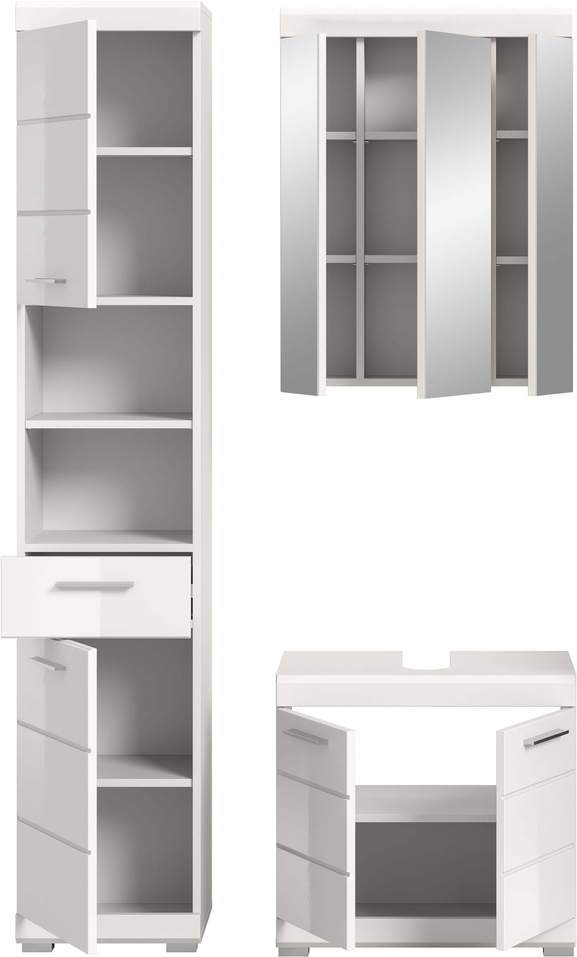 INOSIGN Badmöbel-Set »Siena, 3 teilig, bestehend aus:«, (Set), Hochschrank, Waschbeckenunterschrank, Spiegelschrank