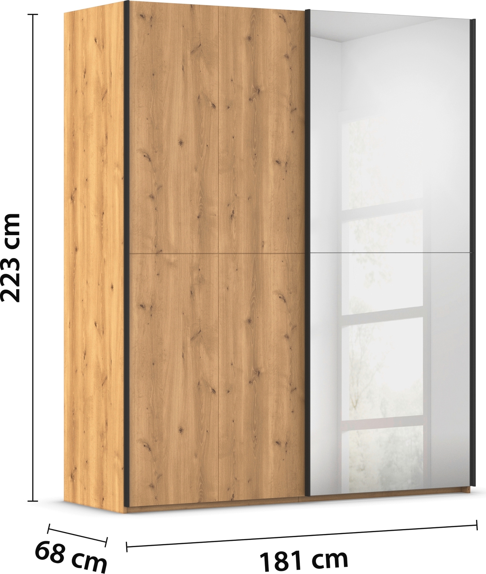 rauch Schwebetürenschrank »Kleiderschrank Schrank Garderobe Schlafzimmerschrank SCALE-WOOD«, edle geteilte Front in massiver Asteiche mit Spiegel MADE IN GERMANY