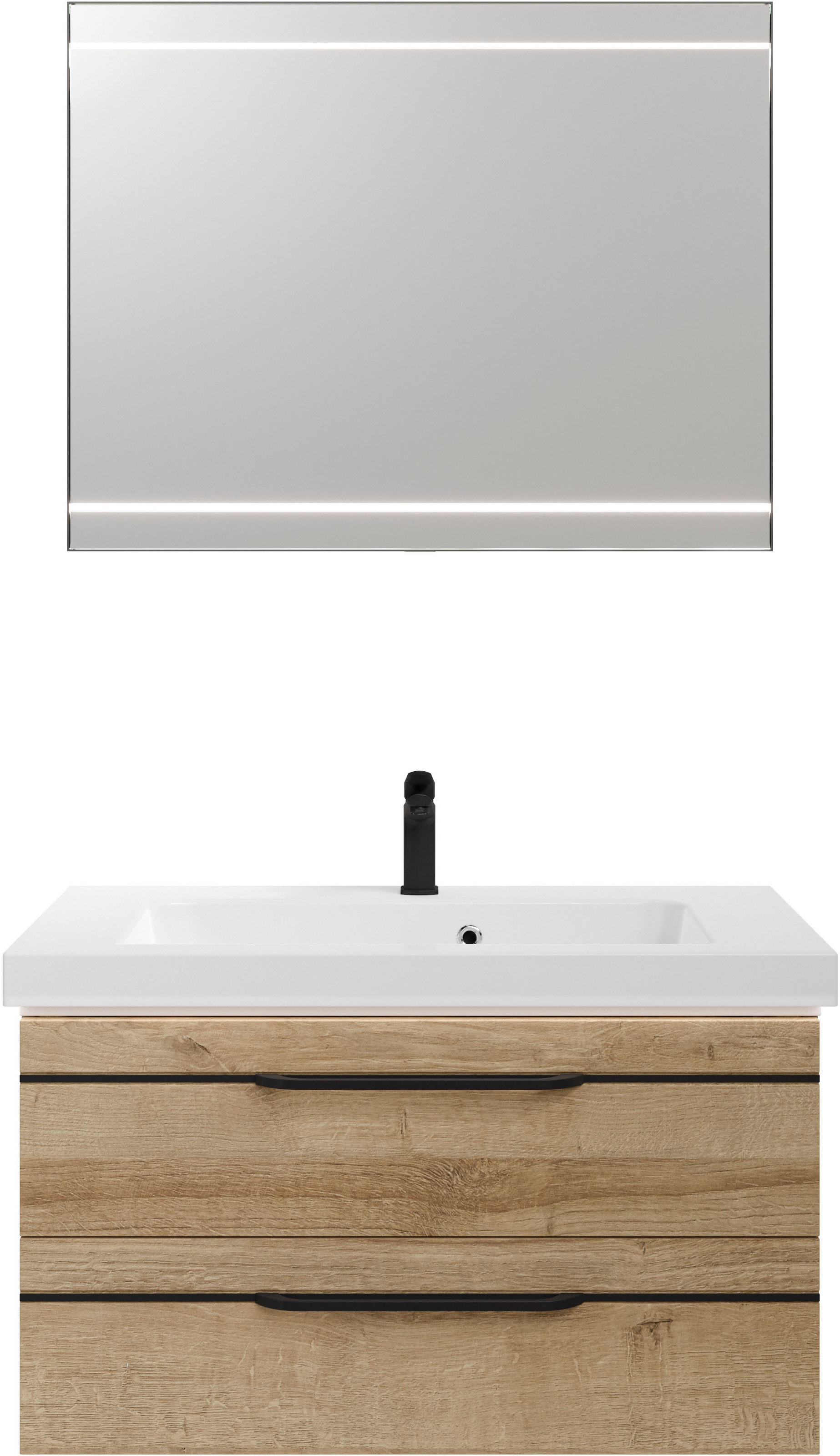 Saphir Badmöbel-Set »Balto 2-teilig Mineralmarmor-Waschtisch mit LED-Spiegel, Waschplatz«, (2 St.), 92 cm breit, mit 2 Schubladen, Badschrank inkl. Schubladendämpfer