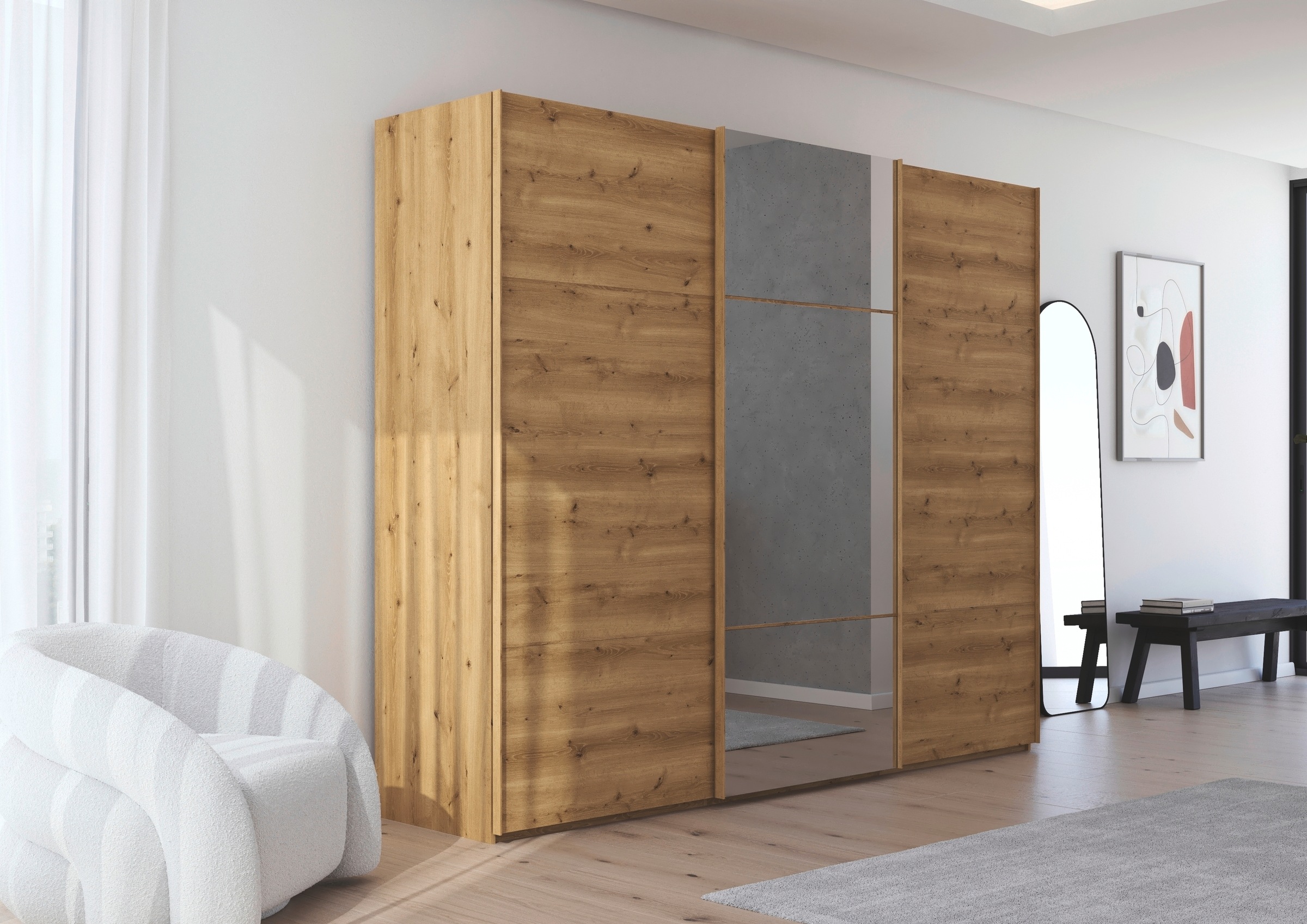 rauch Schwebetürenschrank »Kleiderschrank Schrank Garderobe Schlafzimmerschrank SCALE-TRIO«, edle dreigeteilte Front mit 2 Zierleisten und Spiegel MADE IN GERMANY