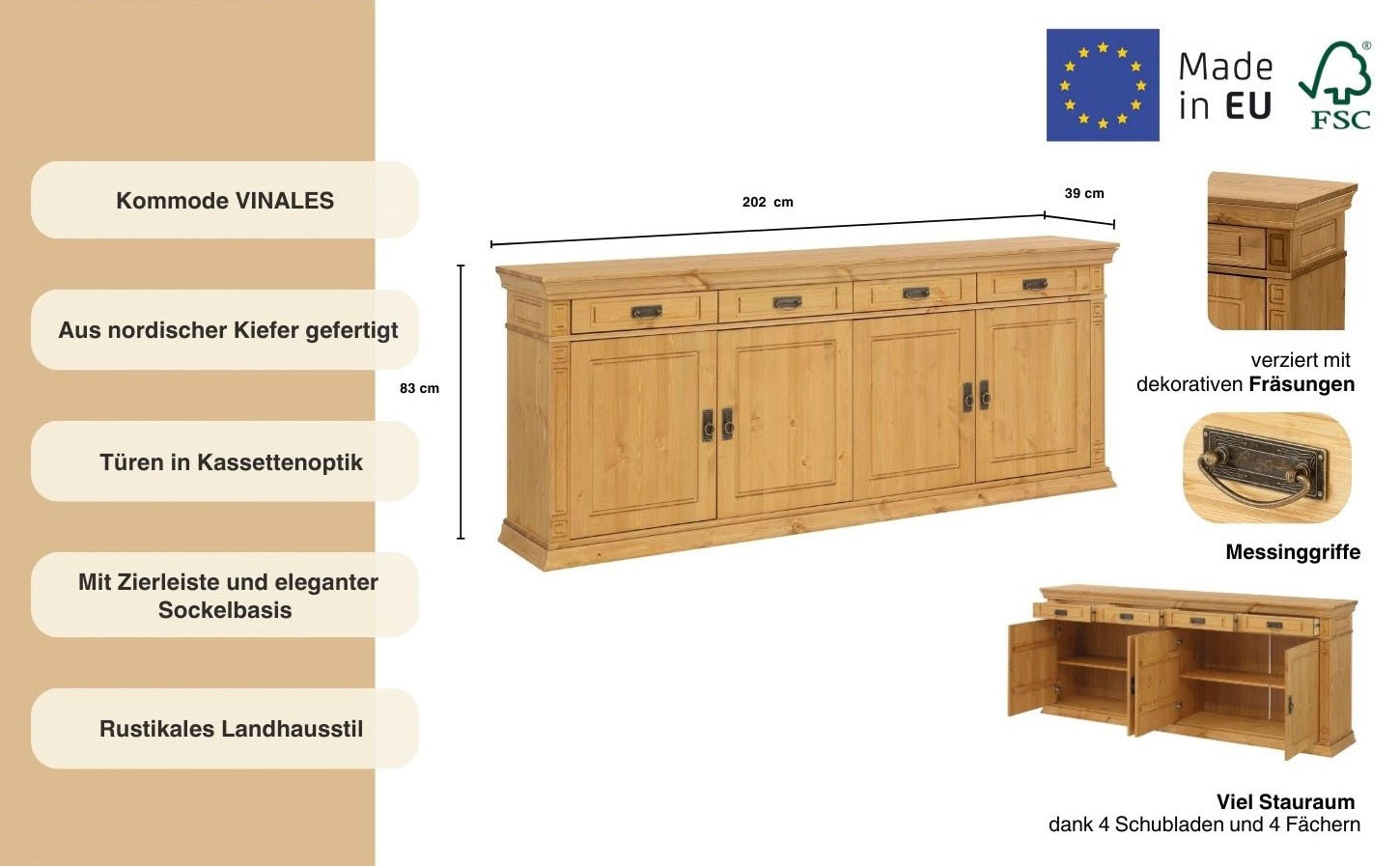 Home affaire Sideboard »Vinales«, Kommode im klassischen Landhausstil, Breite 202 cm