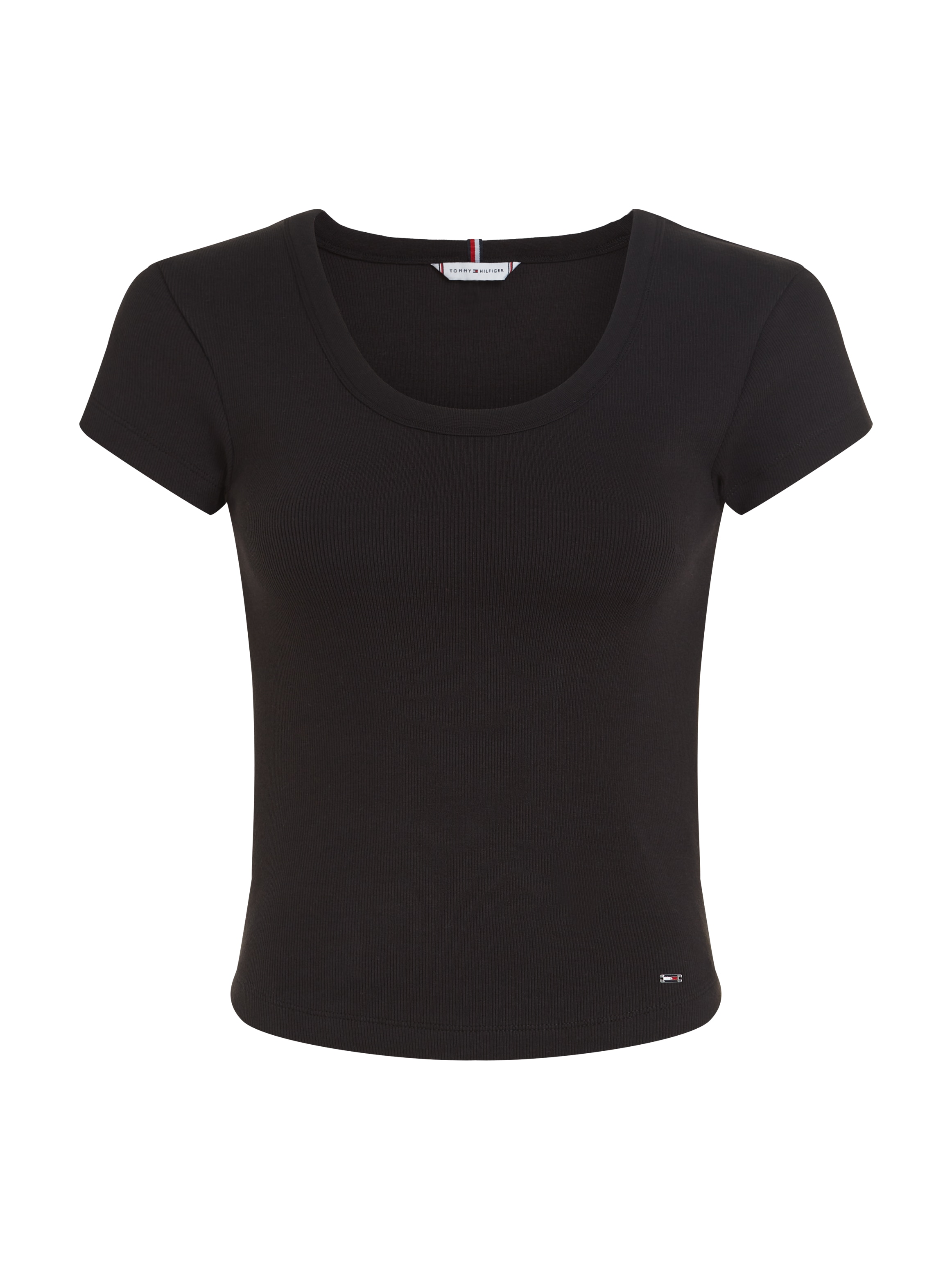 Tommy Hilfiger T-Shirt »SLIM RIB SCOOP NK CAP SLV«, mit Metalllabel