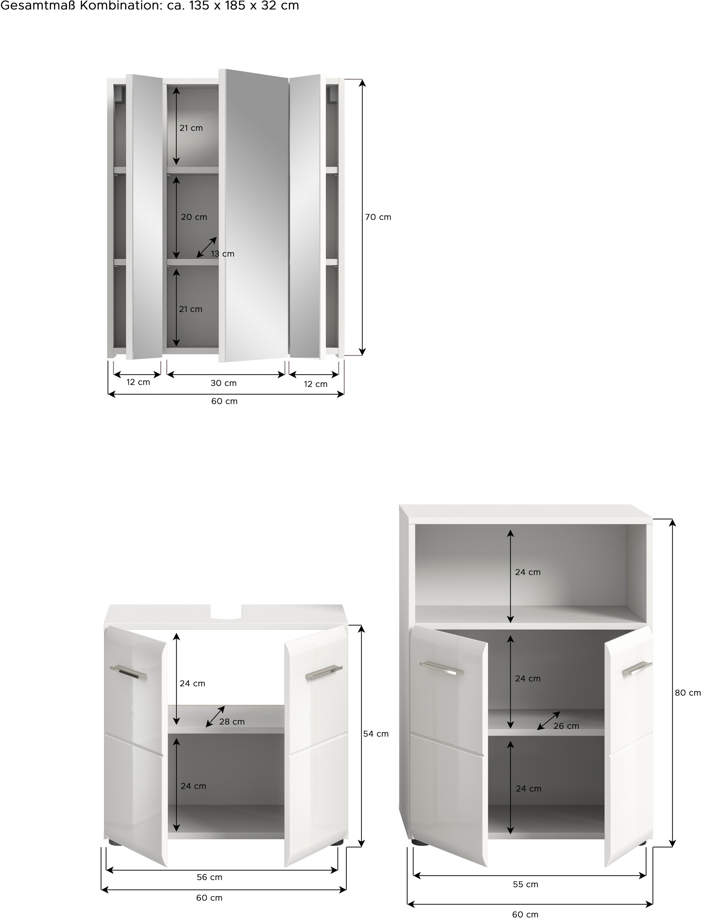 INOSIGN Badmöbel-Set »FLORENZ, TOPSELLER!, 3-teilige Badkombination, hochwertige MDF-Front«, (best. aus: Waschbeckenunterschrank, Spiegelschrank, Midischrank breit), Bad-Kombination, Bad-Möbel, Badezimmer, Kombination, Kombi