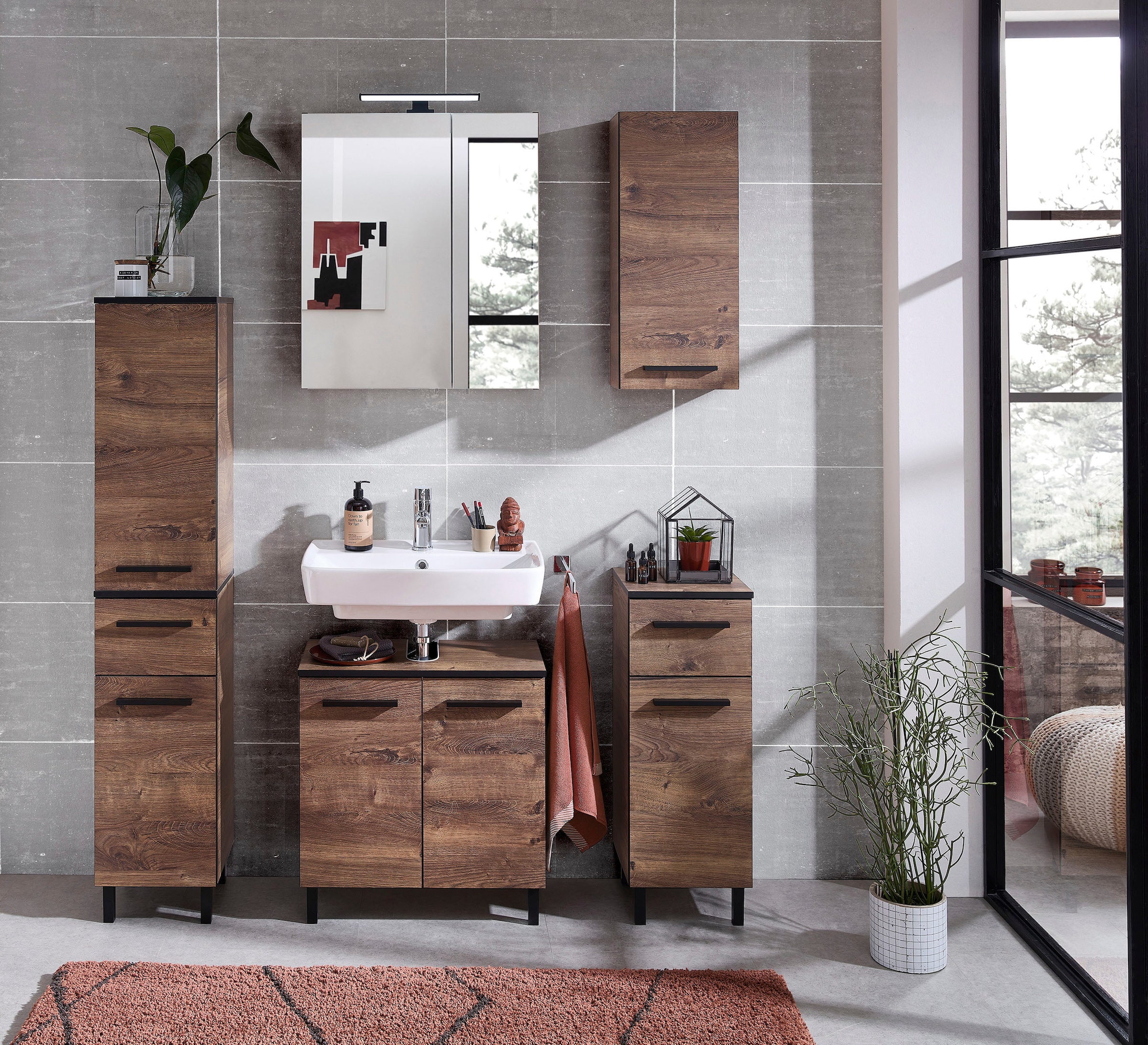 Saphir Badmöbel-Set »Quickset 374 5-teilig, Waschbeckenunterschrank mit LED-Spiegelschrank«, (7 St.), Midischrank, Unterschrank, Hängeschank, inkl. Türdämpfer, 7 Türen