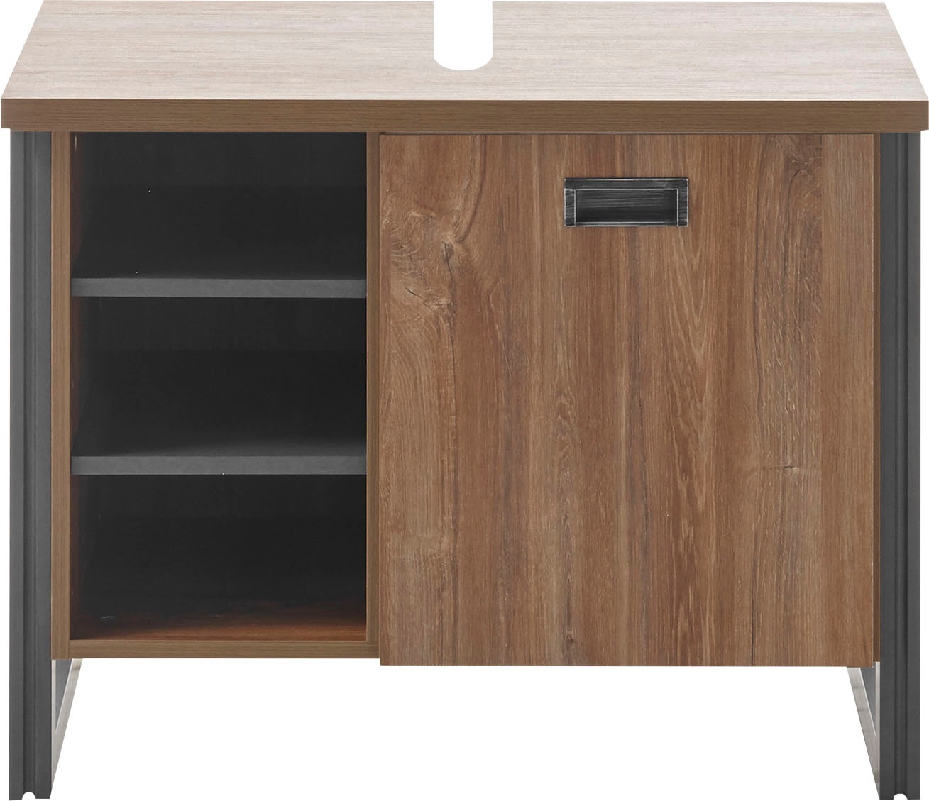 Home affaire Badmöbel-Set »Detroit, Bad im Industrialdesign, inkl. LED, 2-teiliges Badezimmer«, (2 St.), Waschbeckenunterschrank und Spiegel, holzfarben, mit offenen Fächern